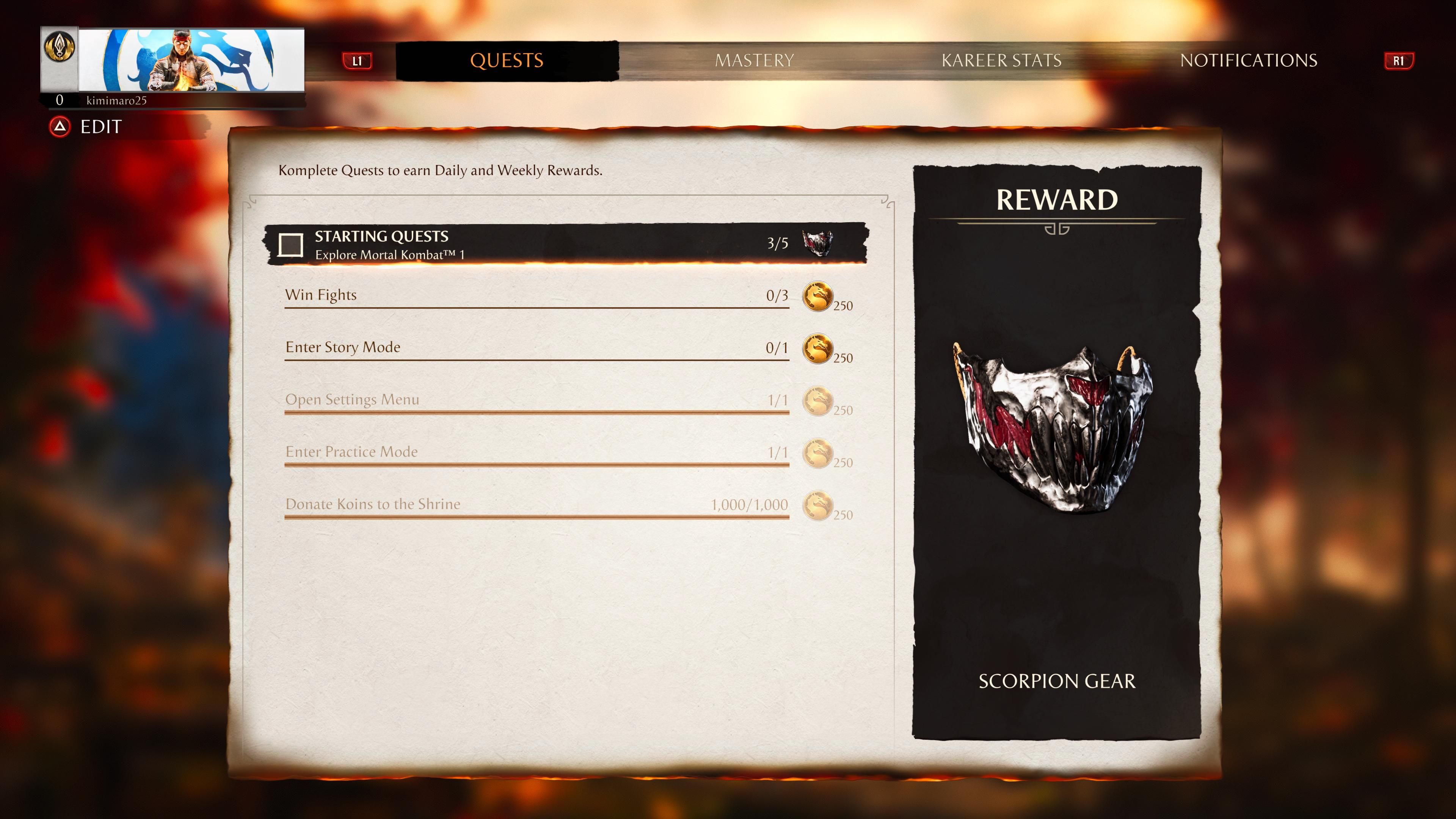 A screenshot showing the five starting quests you get in MK 1, plus the reward.