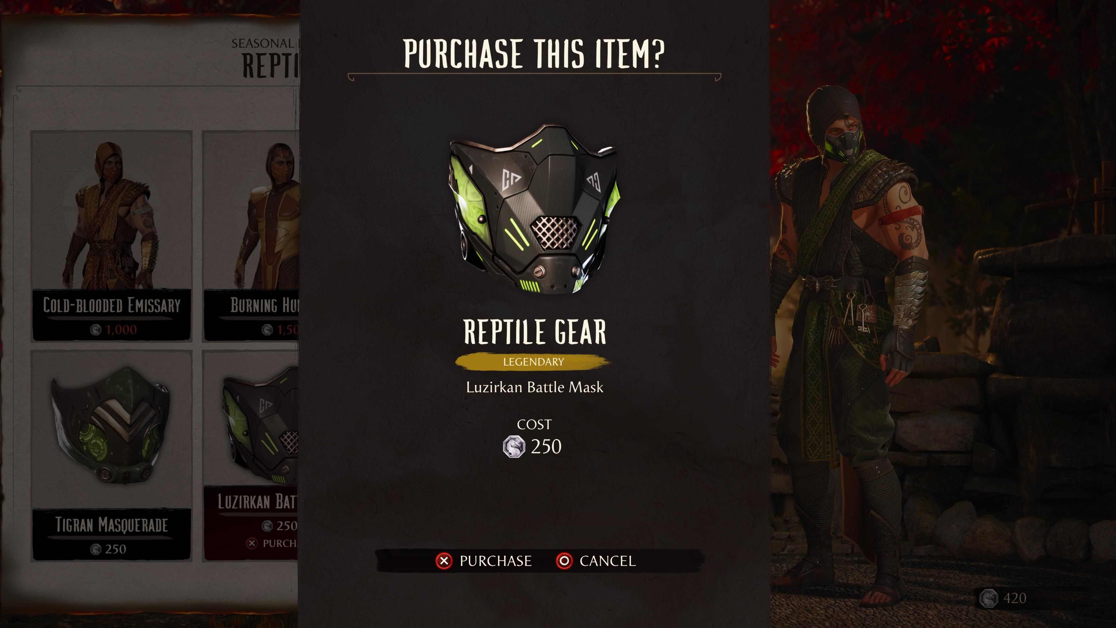 A screenshot showing a mask for Reptile that can only be purchased with Seasonal Kredits.