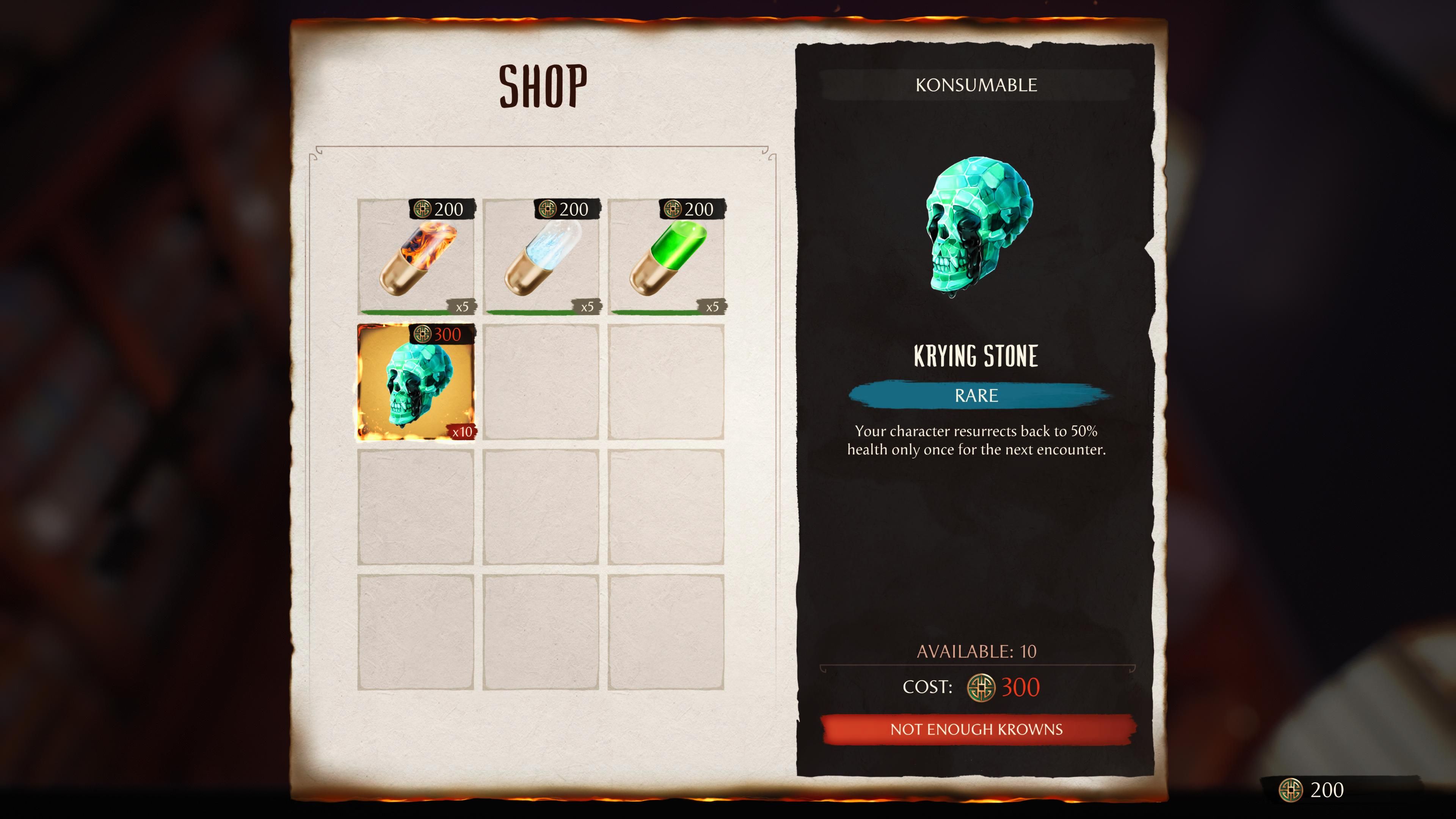 A screenshot showing the first Shop you can find in MK 1's Invasion Mode. There are four konsumables available.