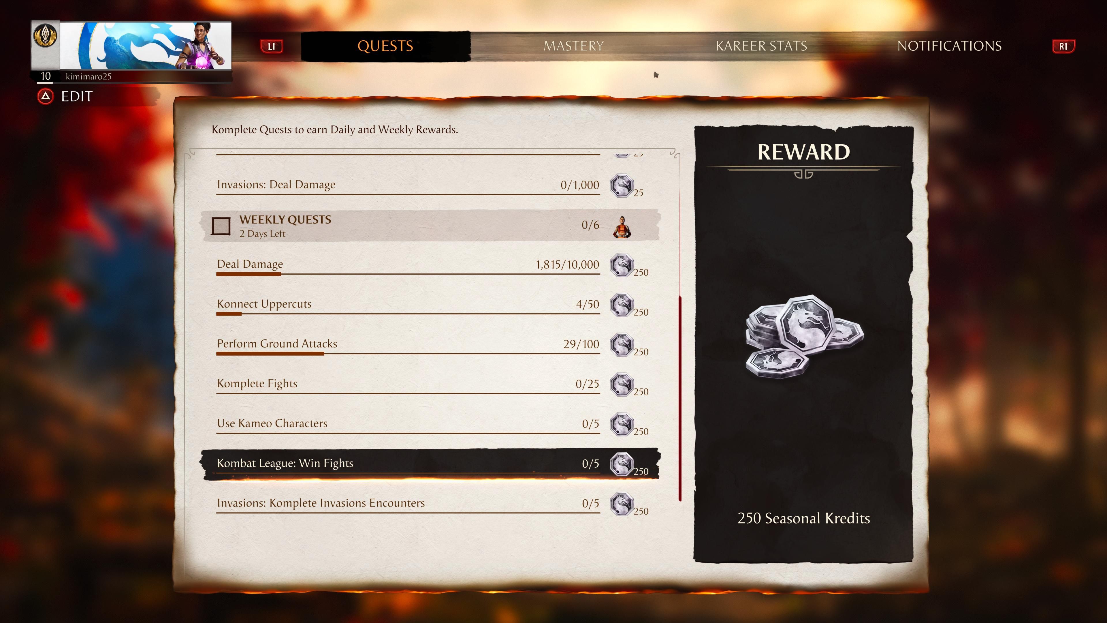 A screenshot showing different objectives you can do to earn Seasonal Kredits.