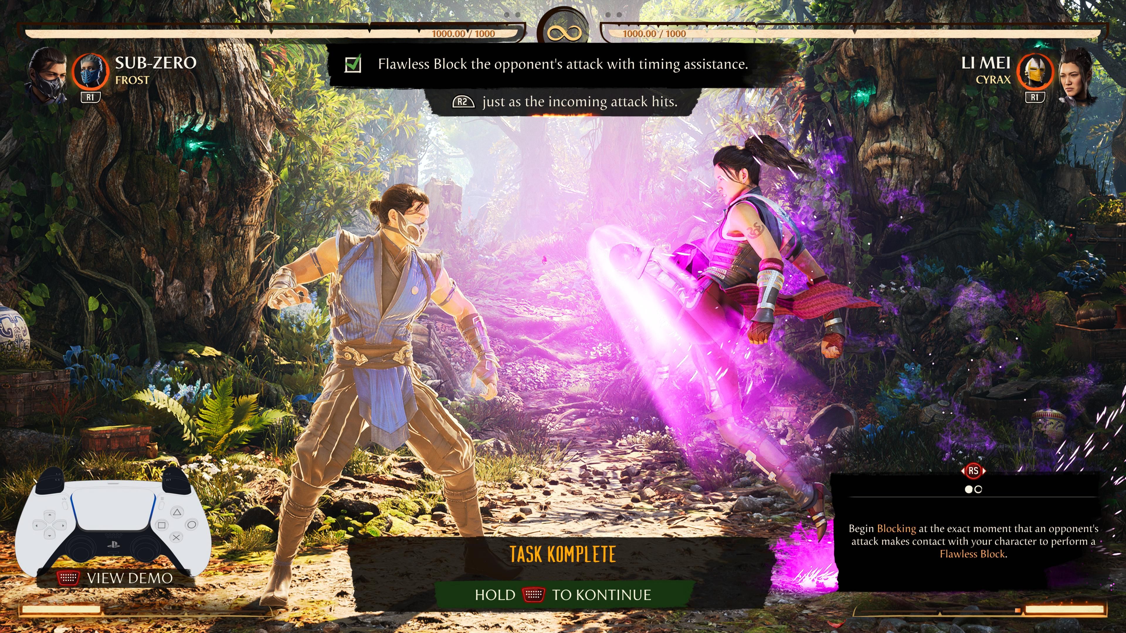 A screenshot showing the tutorial for Flawless Block, with Sub-Zero shining in a yellow aura when Li Mei is about to strike.