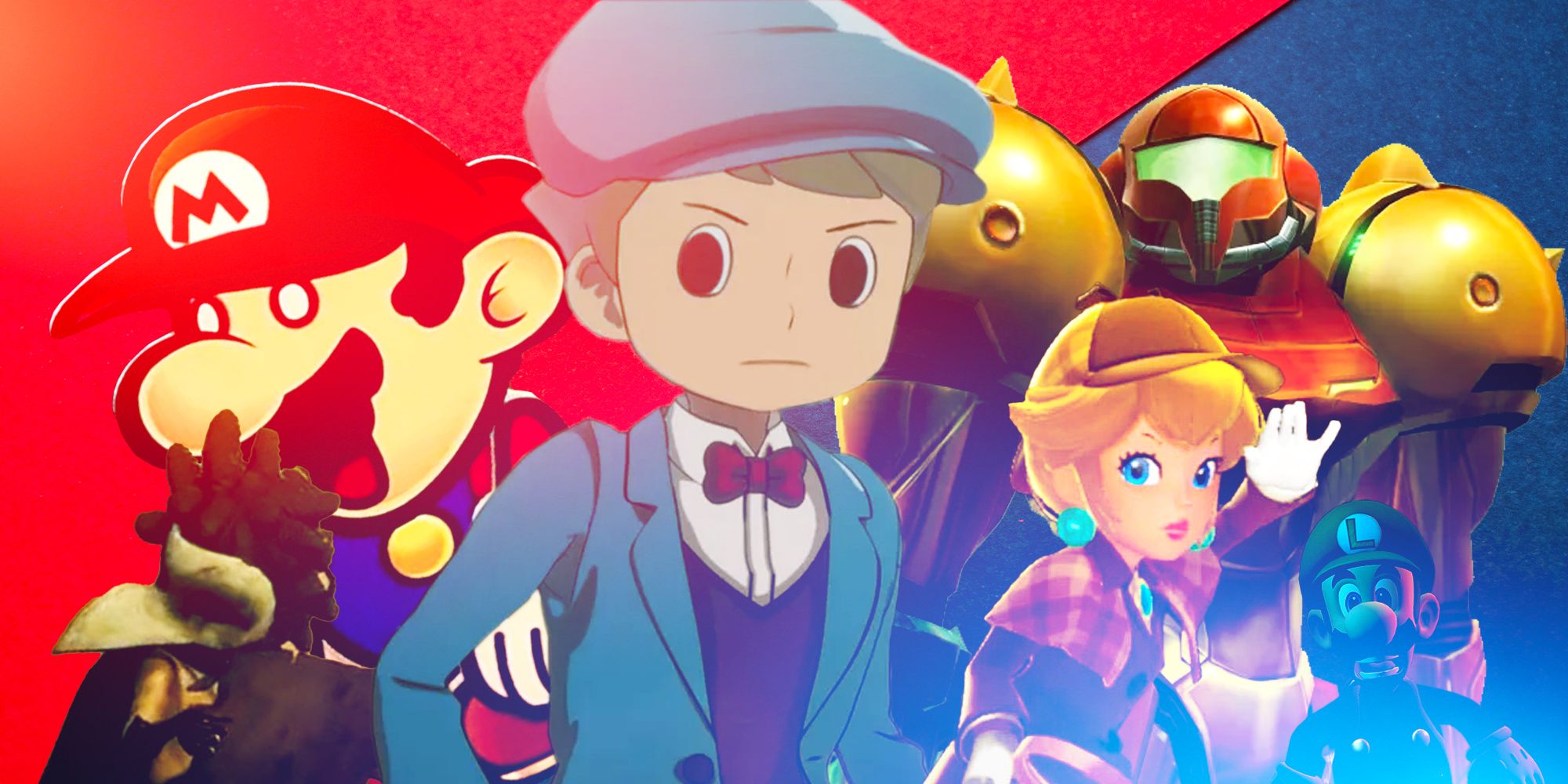 From left to right over a red and blue background, Little Nightmares 3, Paper Mario, Professor Layton, Metroid Prime, Princess Peach, and Luigi's Mansion