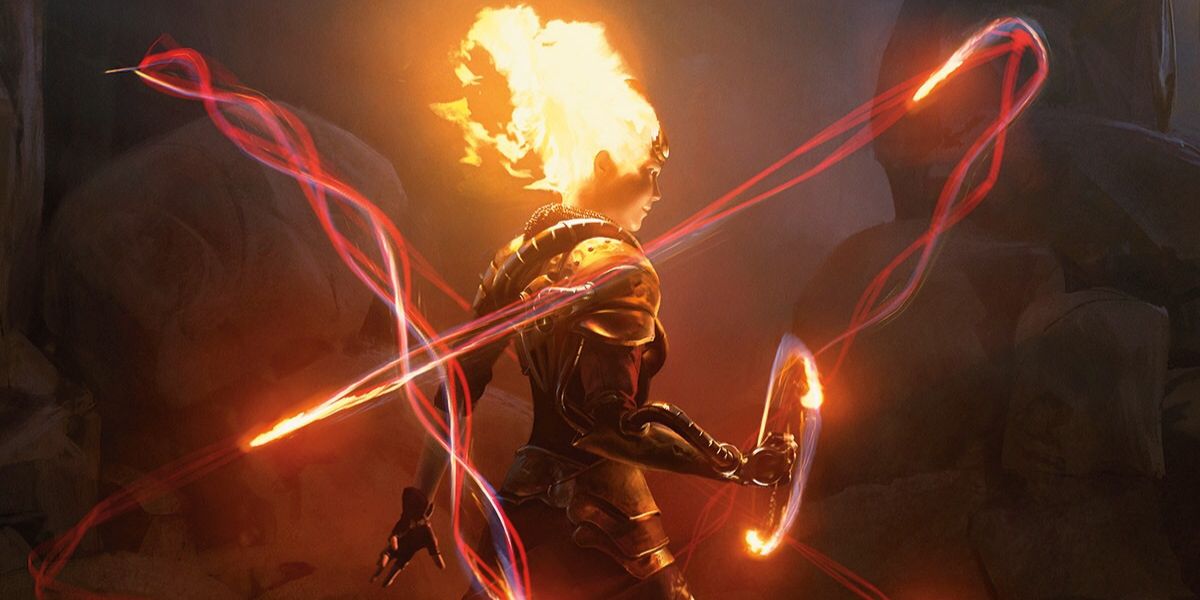 Chandra stands with her flaming hair rising as she controls the firebolts orbiting her