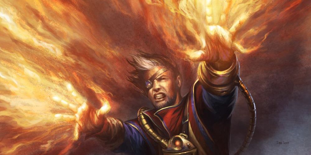Izzet, dressed in blue and red mage robes, casts burning hands with a fierce grimace of concentration