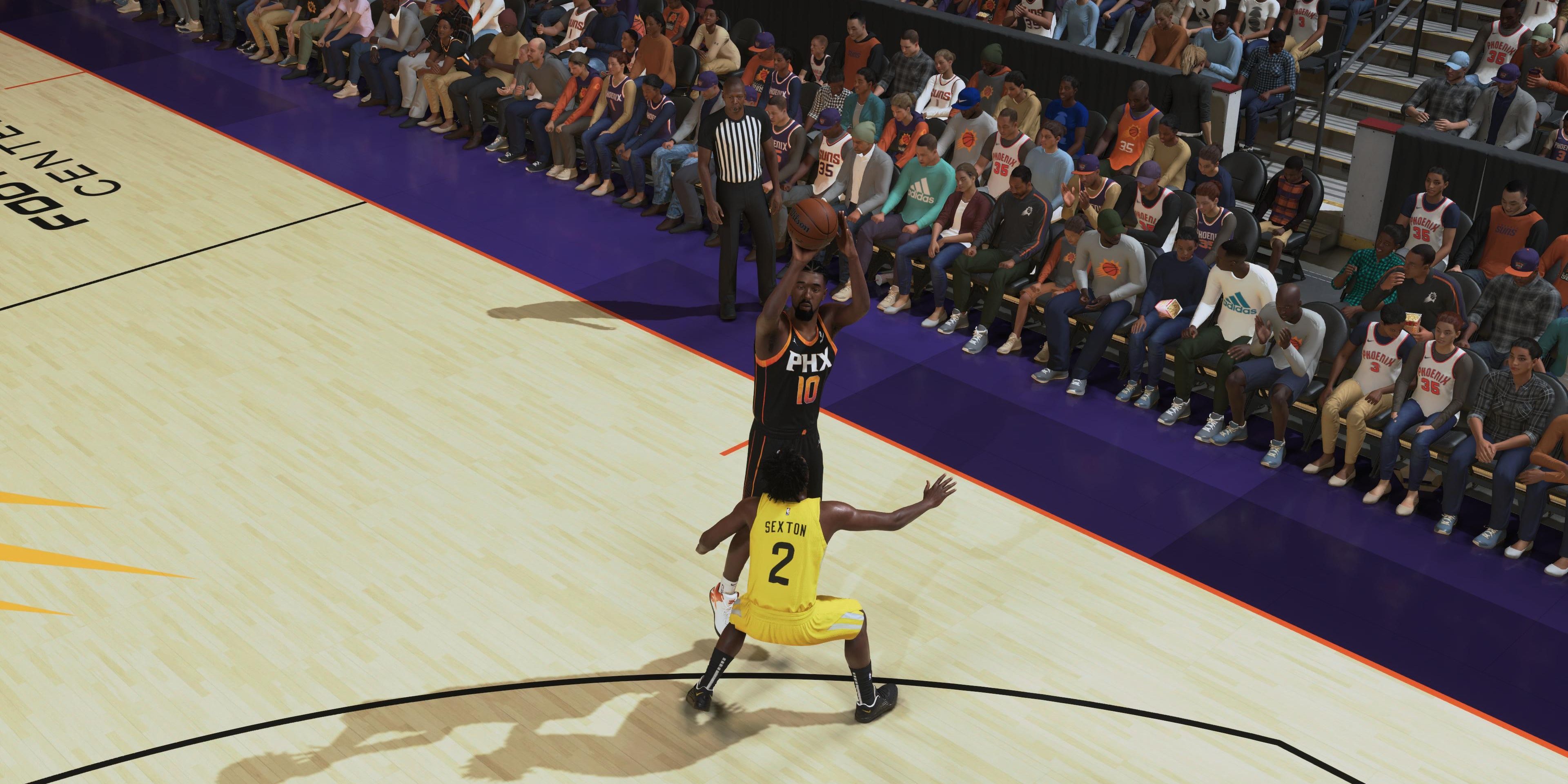 MyPlayer shooting three-pointer against the Utah Jazz NBA 2K24