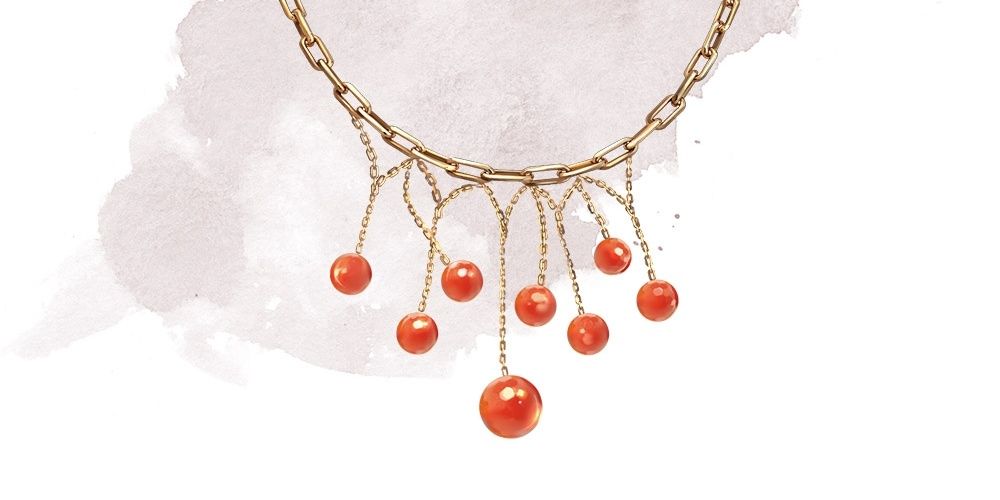 Necklace of Fireballs From Dungeons & Dragons. Red Pearls Hanging From A Golden Chain