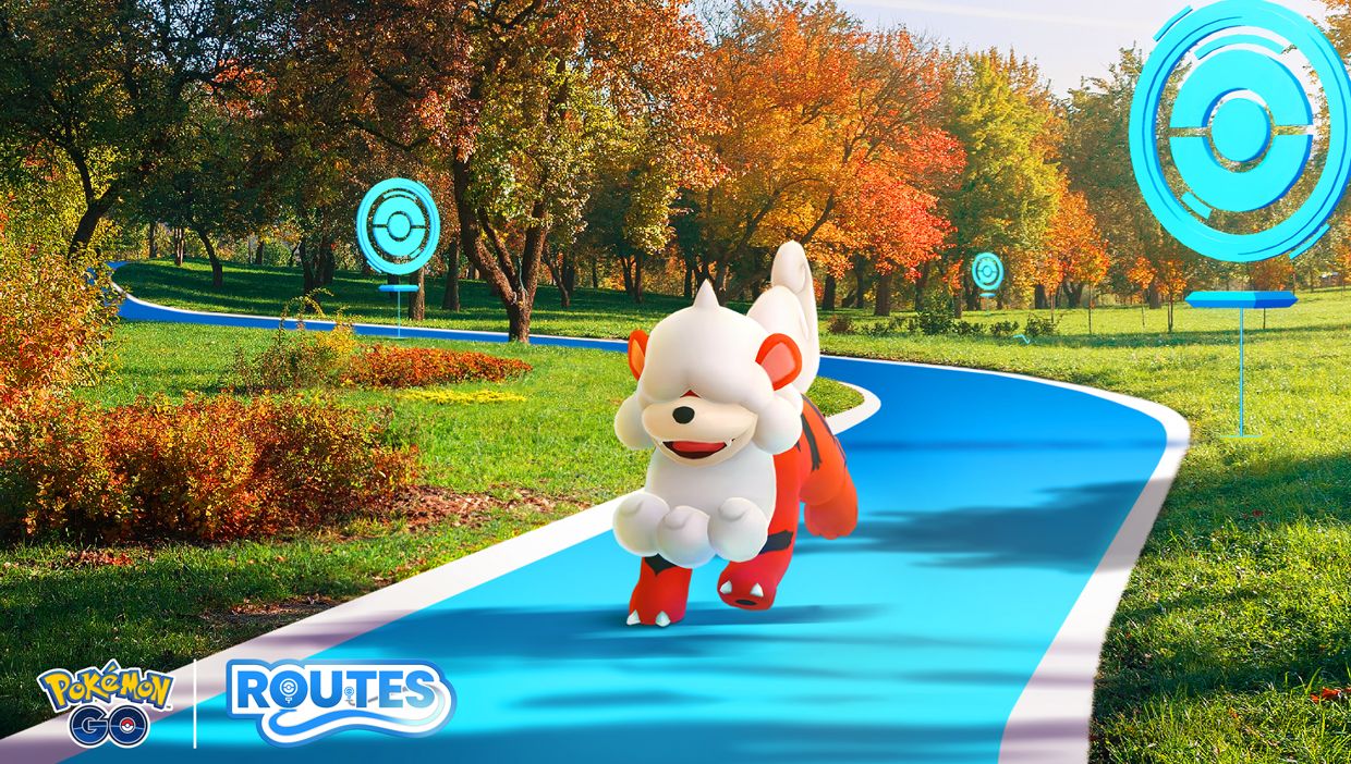 Hisuian Growlithe on a Route with three different PokeStops in the background