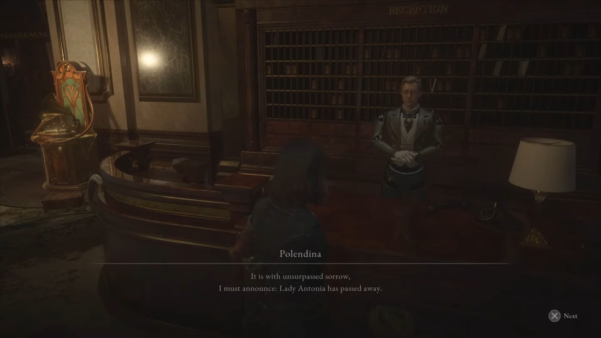 P speaking with Polendina and he's telling him that Lady Antonia has passed away Lies of P