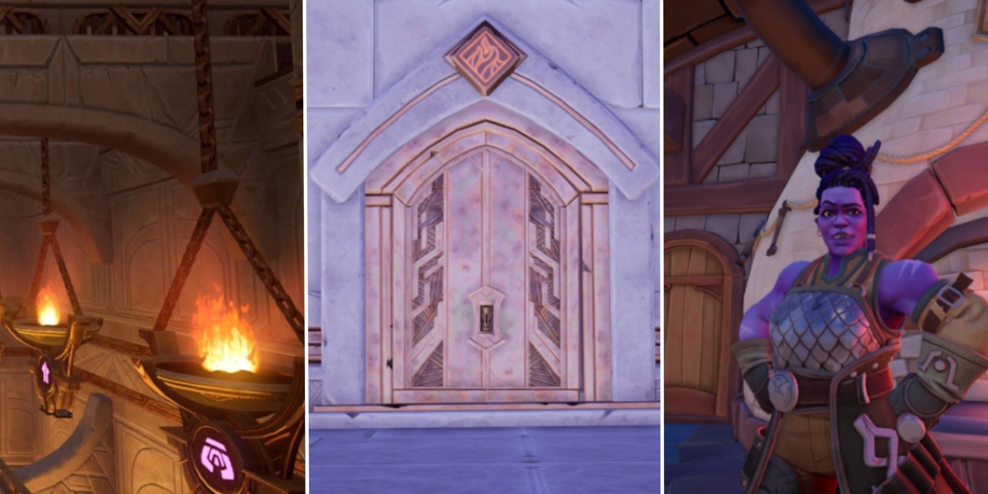 Palia Fire Temple doorway in center panel, Sifuu in right panel, and hanging lit braziers with glowing runes in left panel.