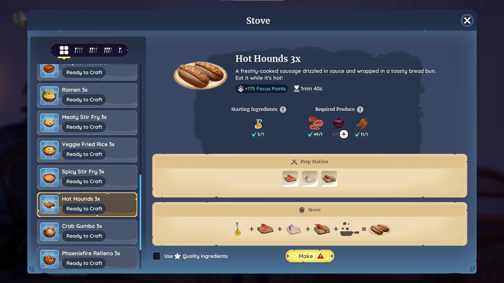 Palia Leta's Hot Hounds recipe displayed in the cooking interface showing all the ingredients needed.