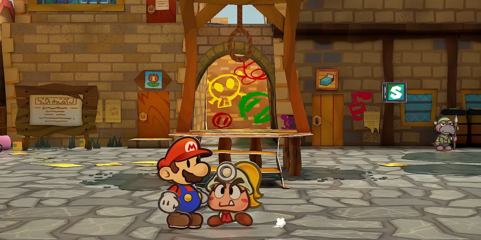 Paper Mario and a Goomba next to a noose in The Thousand Year Door