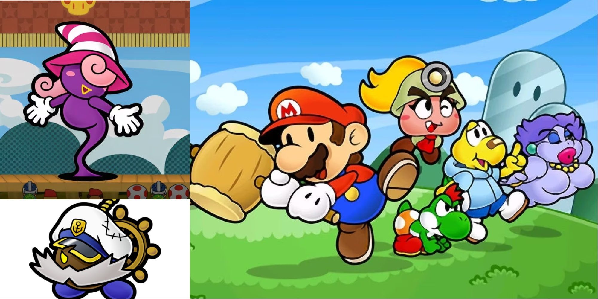 Paper Mario poses with various party members from the game.