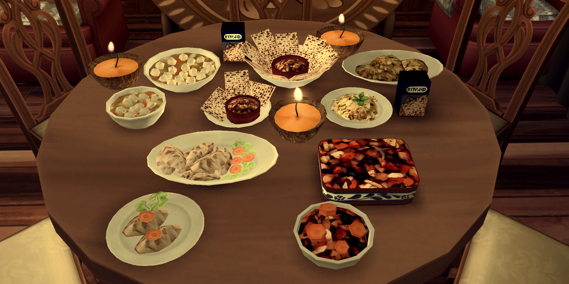 A round table full of low-poly foods traditionally served at Passover.