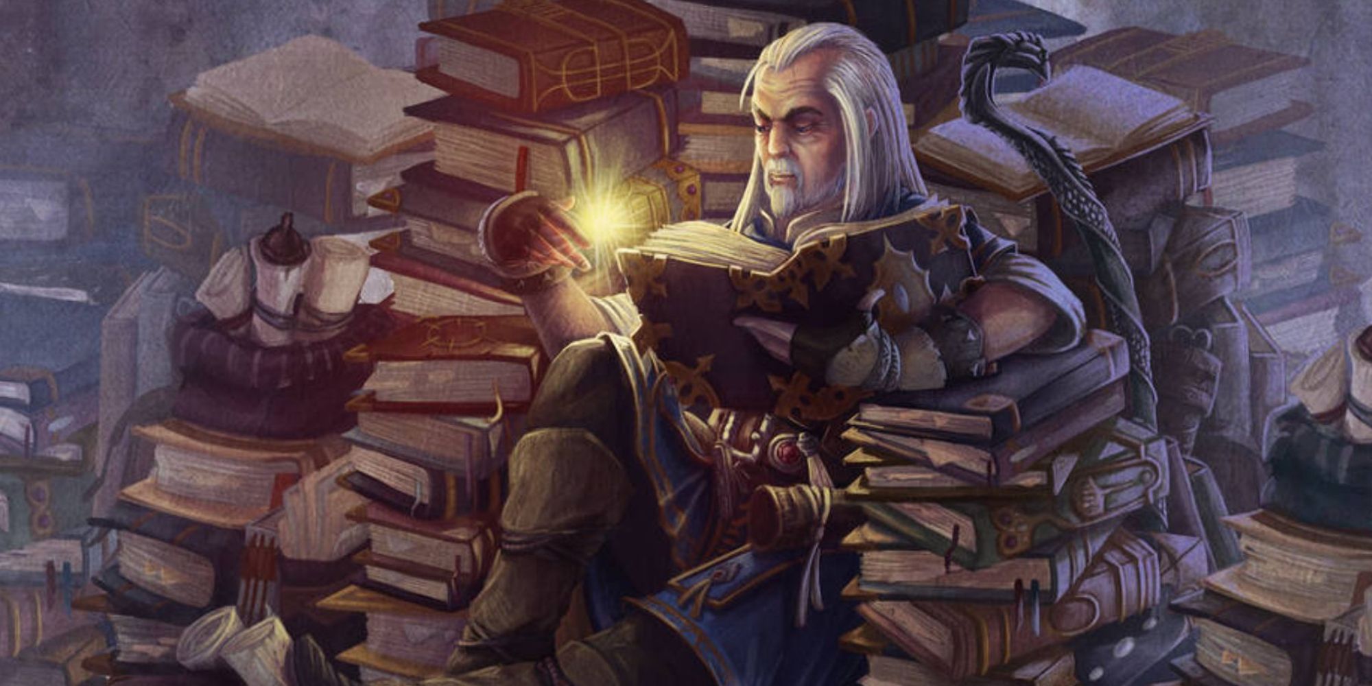Ezren the Wizard reading with a Light cantrip in Pathfinder