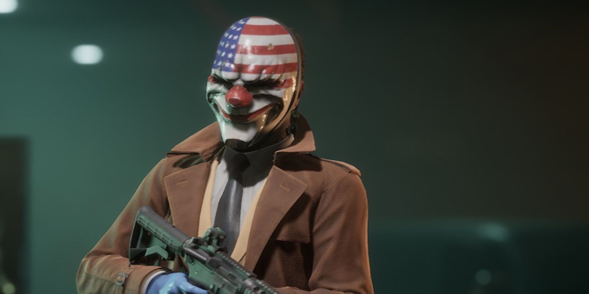 dallas with his default american flag clown mask in payday 3