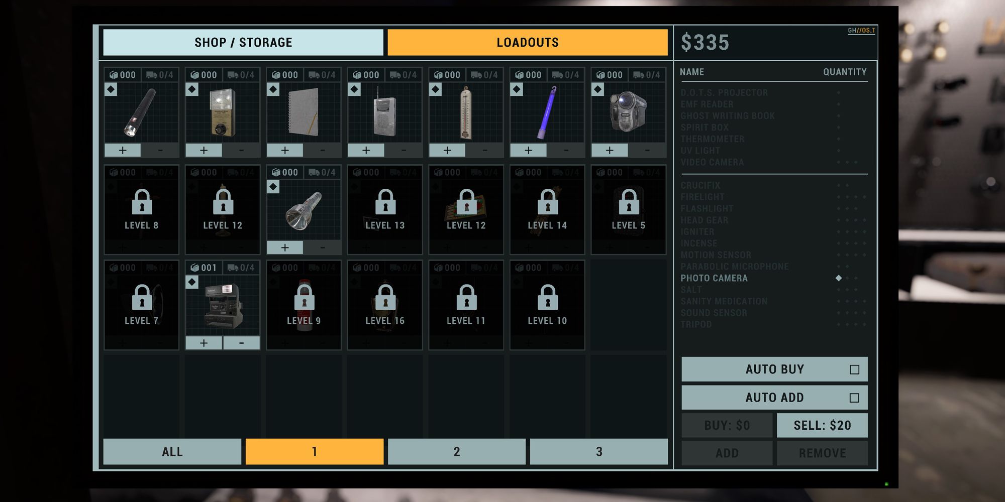 Phasmophobia Equipment Store displaying all items available for purchase and what level you must be to unlock them