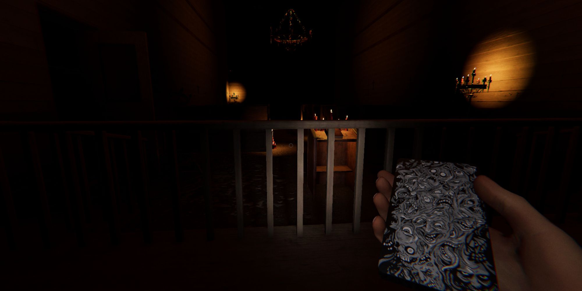 Phasmophobia holding the tarot cards in the chapel of the asylum map