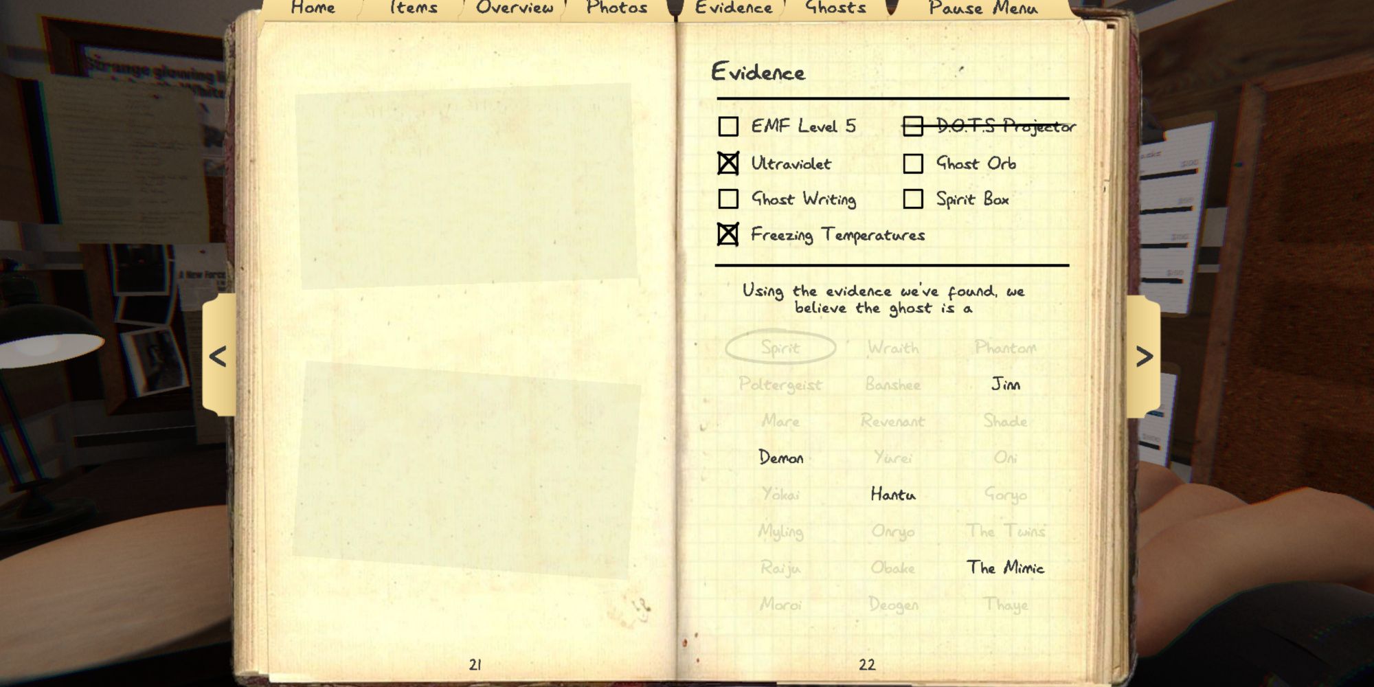 Phasmophobia the journal with the evidence marked off and crossed out to determine the ghost