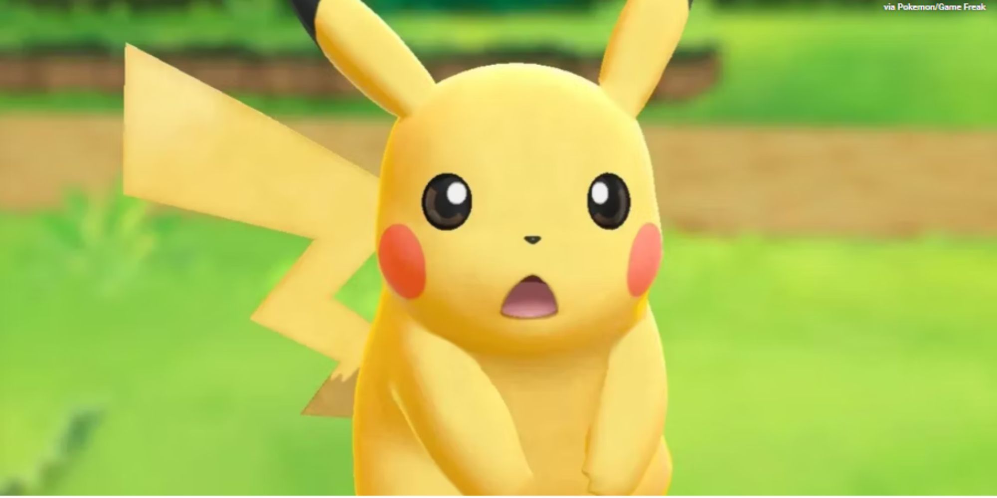 Pikachu looking shocked in Pokemon Let's Go Pikachu