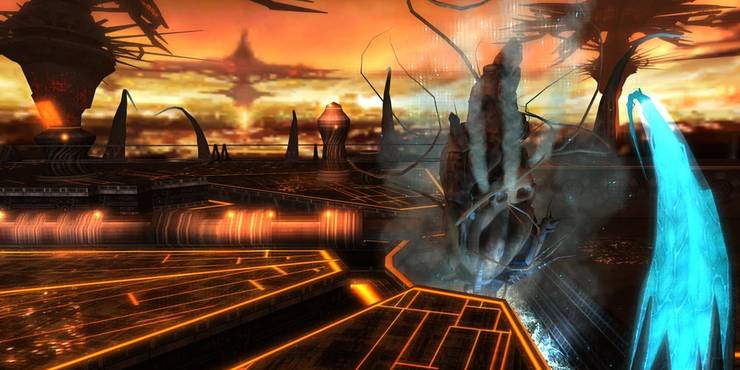 panoramic view of the space pirate homeworld from Metroid Prime 3, with a strange alien spacecraft in the foreground.