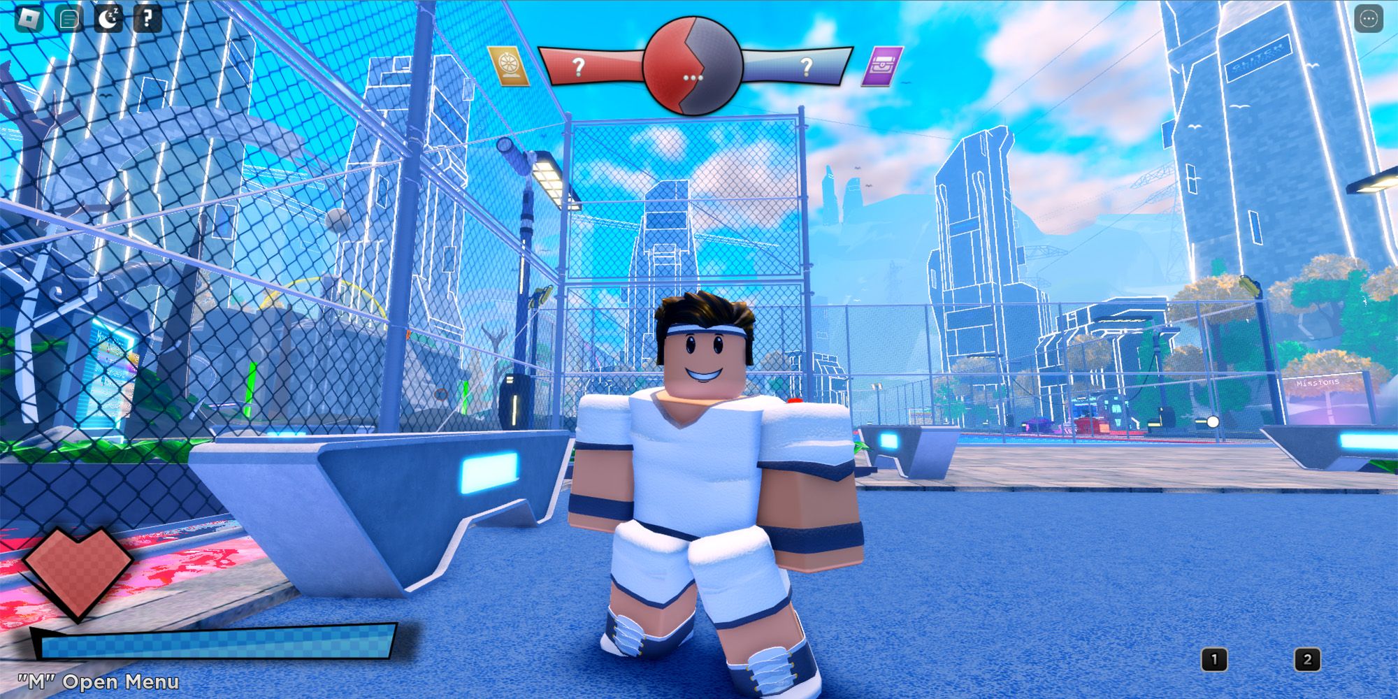A Roblox character in gym clothes hangs out near a dodgeball court in the Roblox game Dodge Stars.