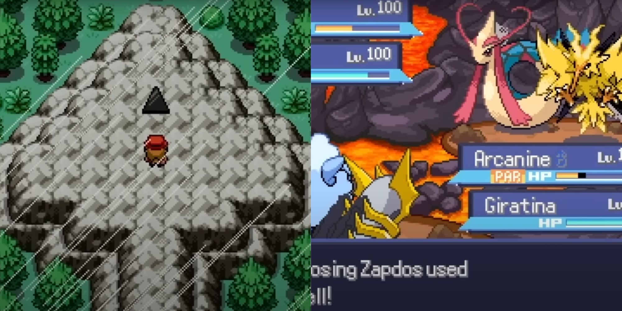 A split image of a mountain surrounded by a lush forest during a rainstorm, and four pokemon in battle.