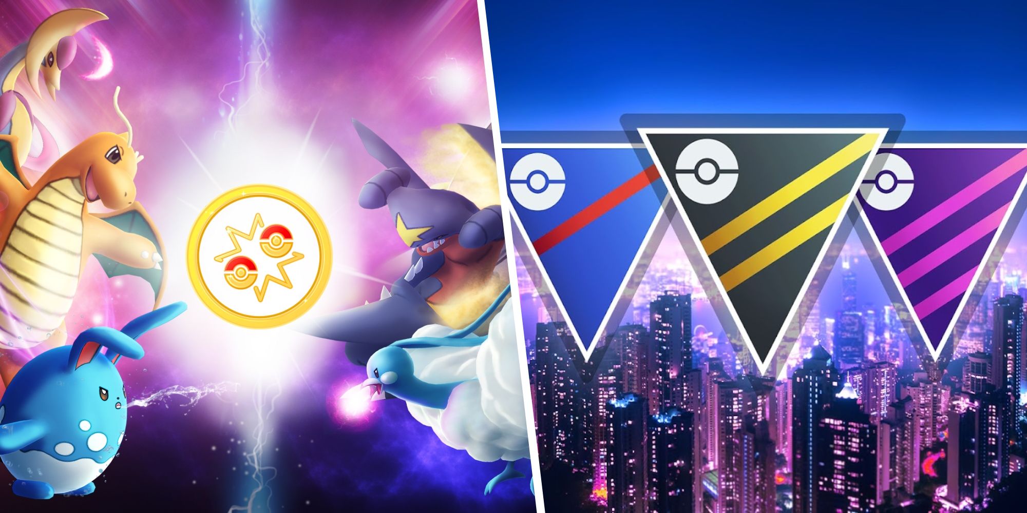 Image of five different Pokemon facing each other split with an image of three Go Battle League symbols