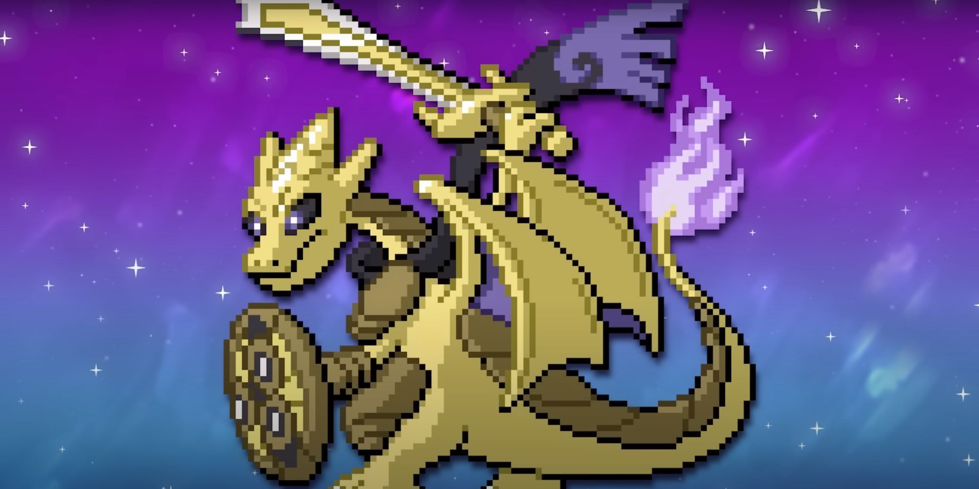 A gold, dragon-like fusion pokemon with a sword, shield, and flaming purple tail.
