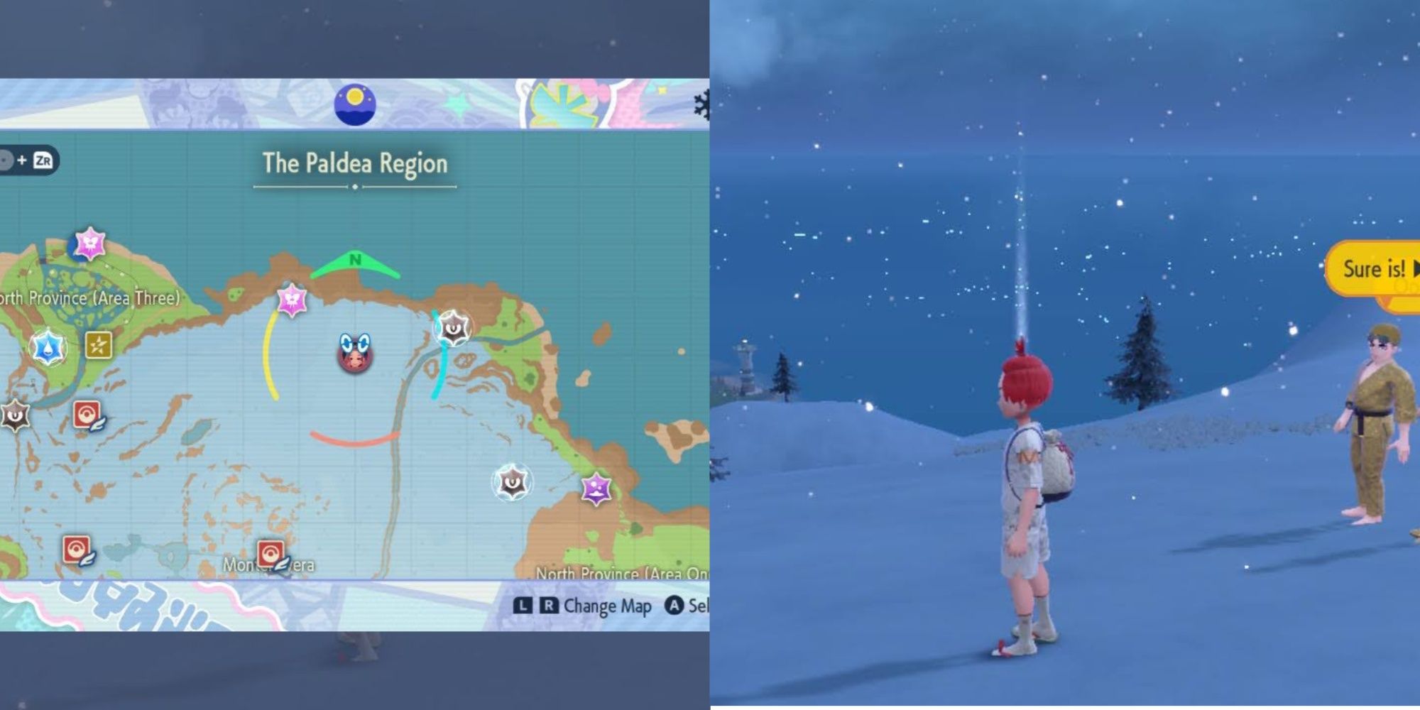 POkemon Scarlet Violet Glitterati Glaseado Location showing the in-game map and player besides Billy and O'Nare