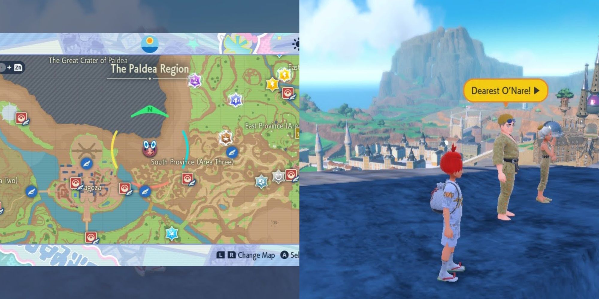 POkemon Scarlet Violet Glitterati Great Crater Location showing the in-game map and player besides Billy and O'Nare