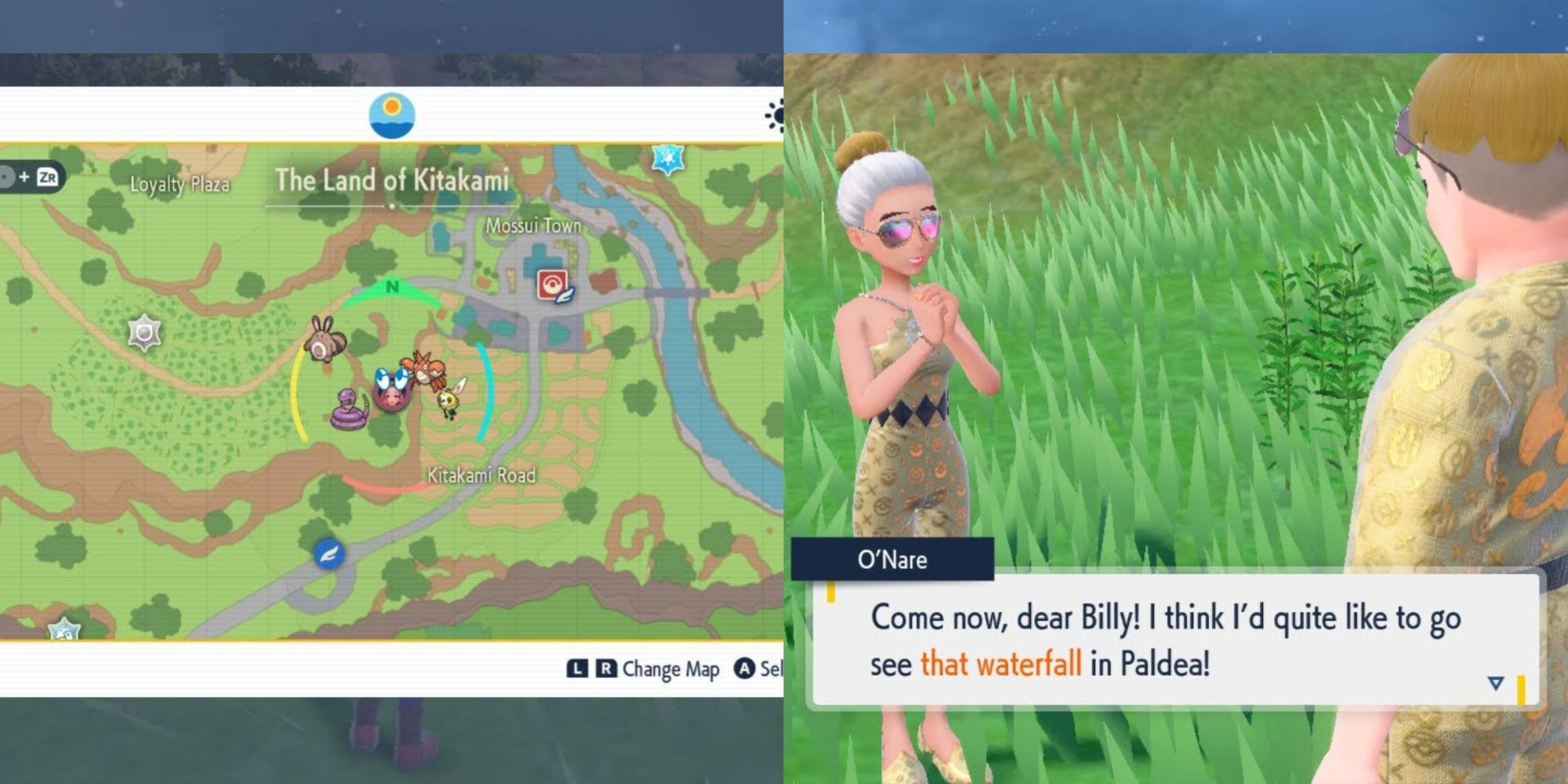 POkemon Scarlet Violet Glitterati Kitakami Location showing the in-game map and player besides Billy and O'Nare