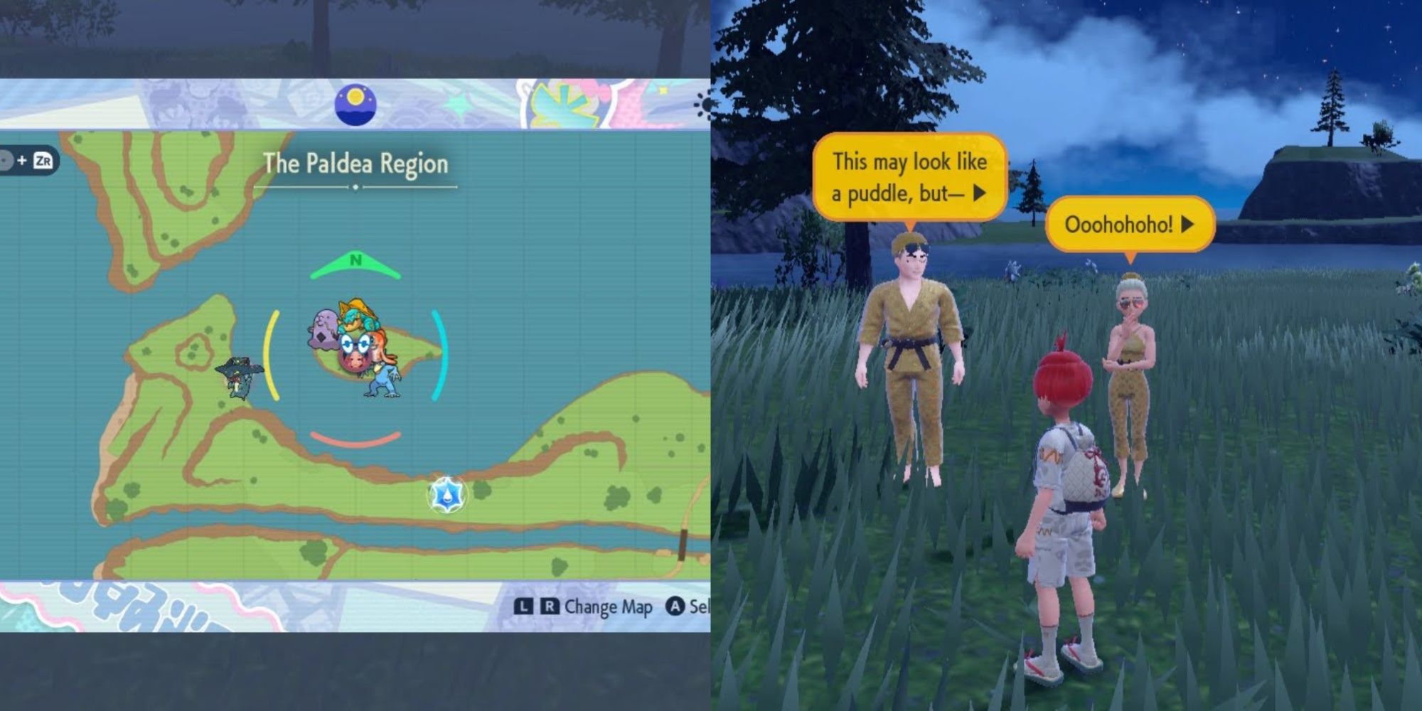 POkemon Scarlet Violet Glitterati Lake Location showing the in-game map and player besides Billy and O'Nare