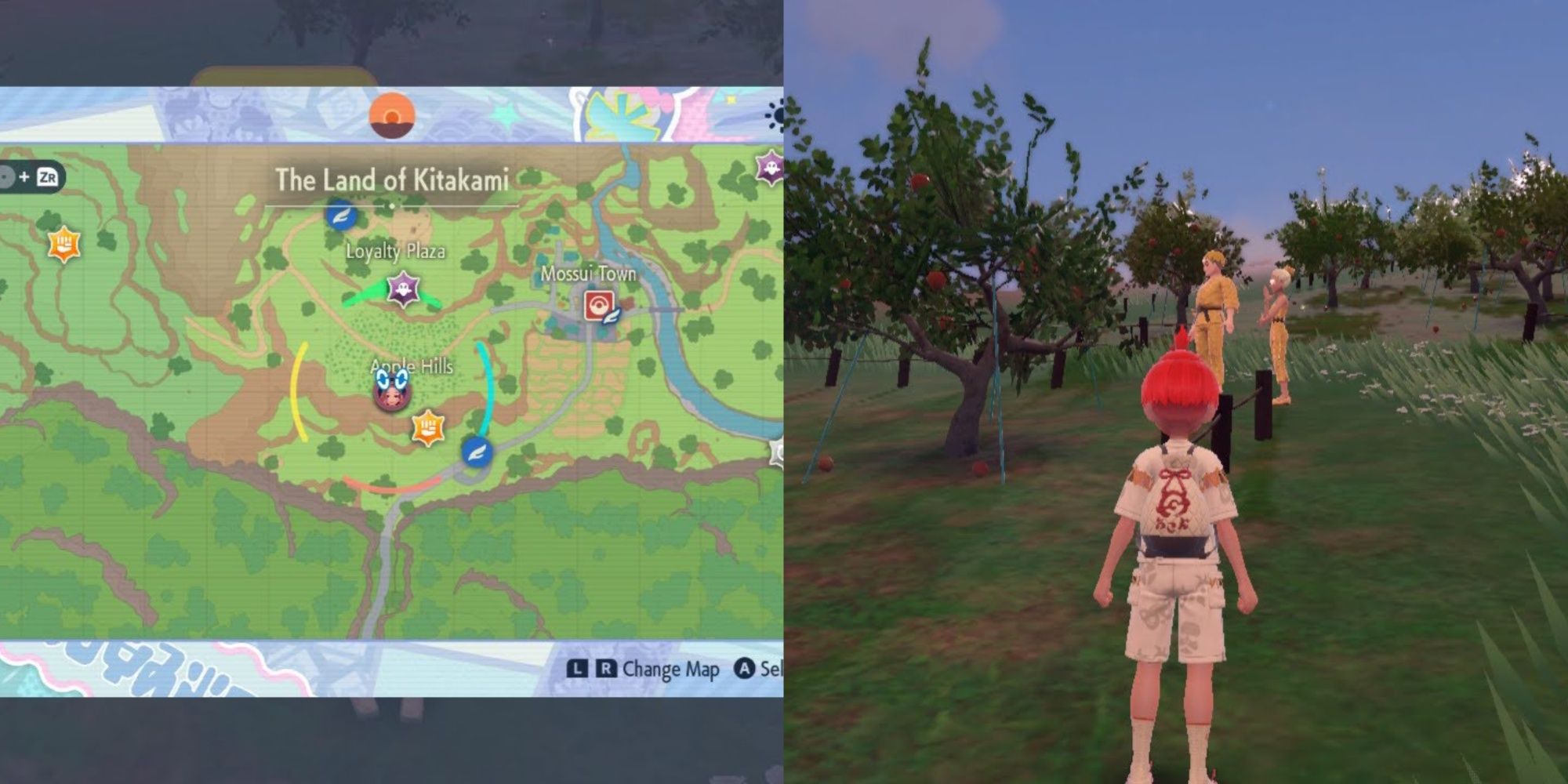 POkemon Scarlet Violet Glitterati Orchard Location showing the in-game map and player besides Billy and O'Nare