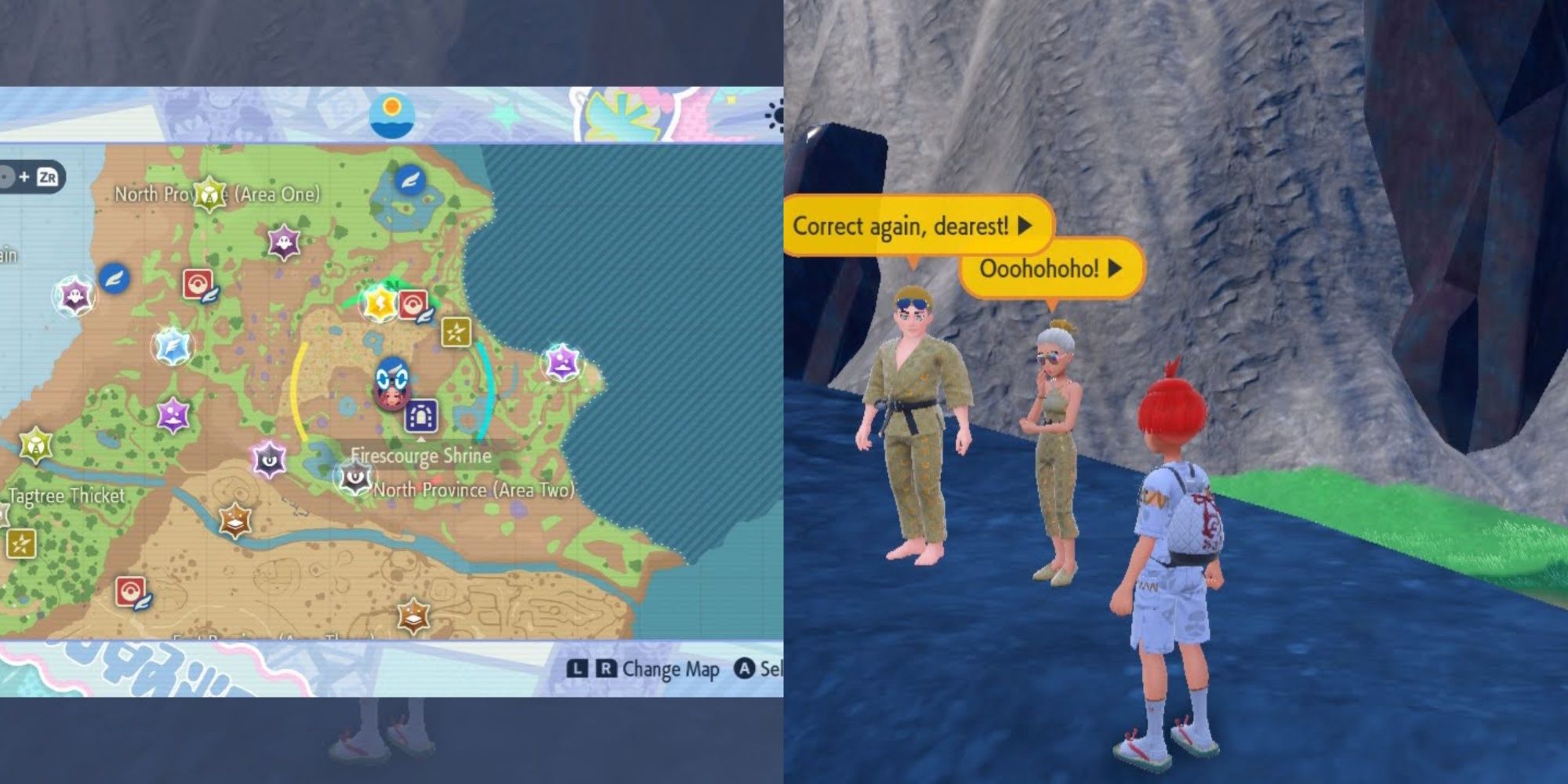 POkemon Scarlet Violet Glitterati Waterfall Location showing the in-game map and player besides Billy and O'Nare