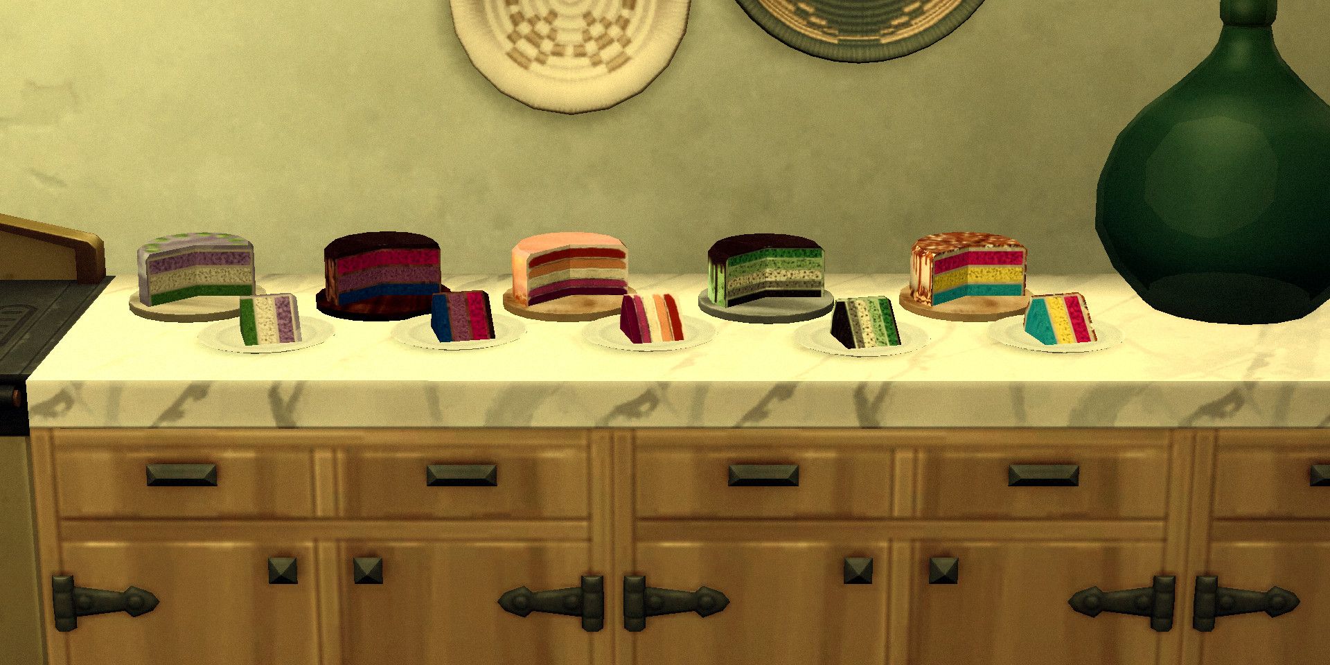 Five different cakes sitting on a counter in The Sims 4, each with a slice cut out. Cross section of each cake reveals the color scheme of a different pride LGBTQ pride flag inside.