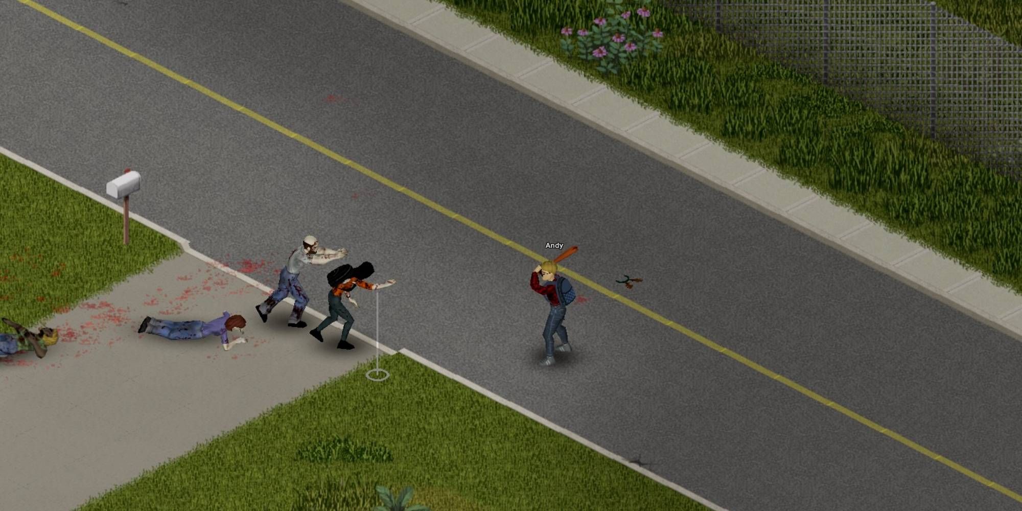 A figure holding a baseball bat as two zombies approach him.