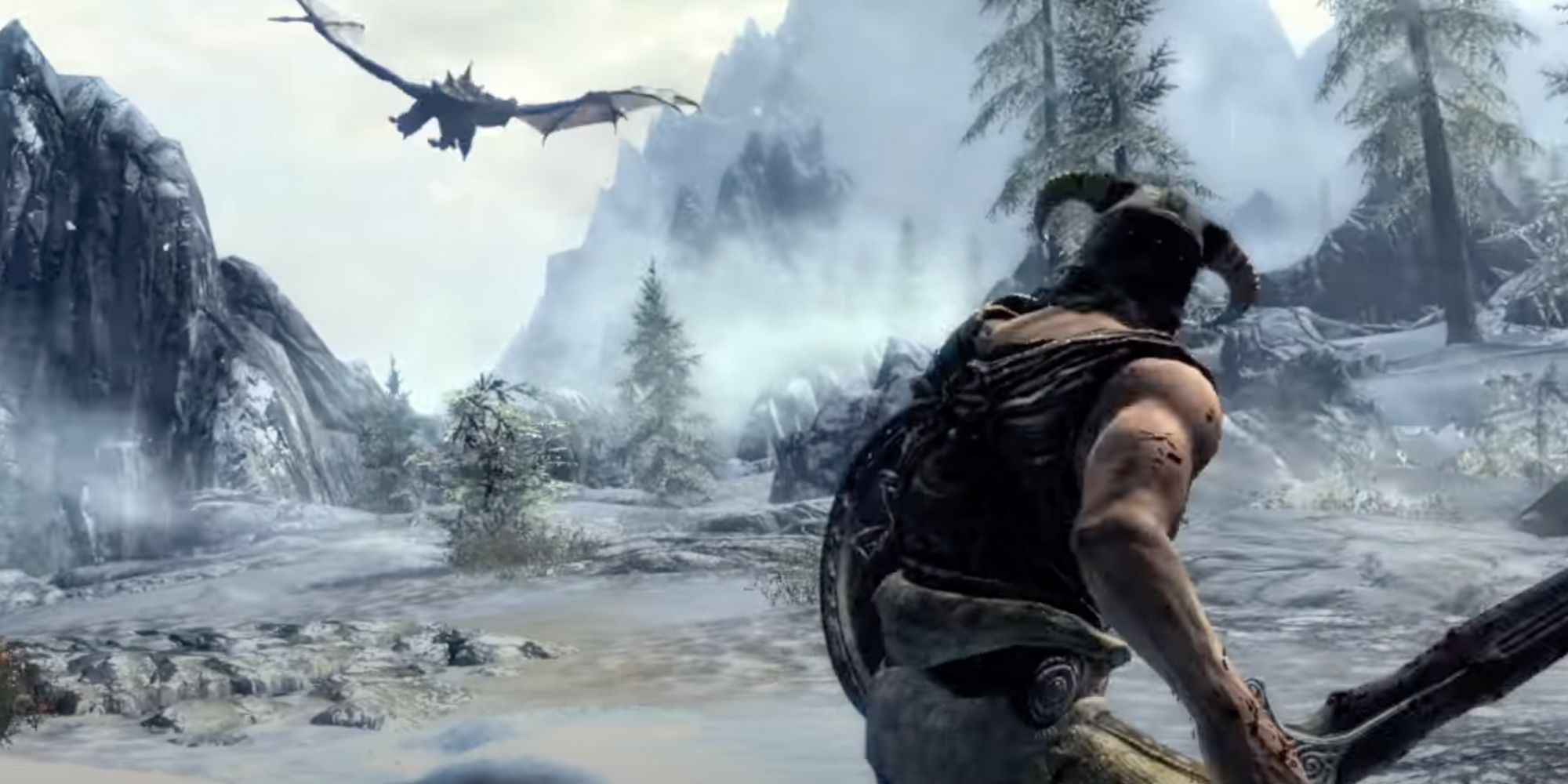 Protagonist fights dragon in The Elder Scrolls V Skyrim