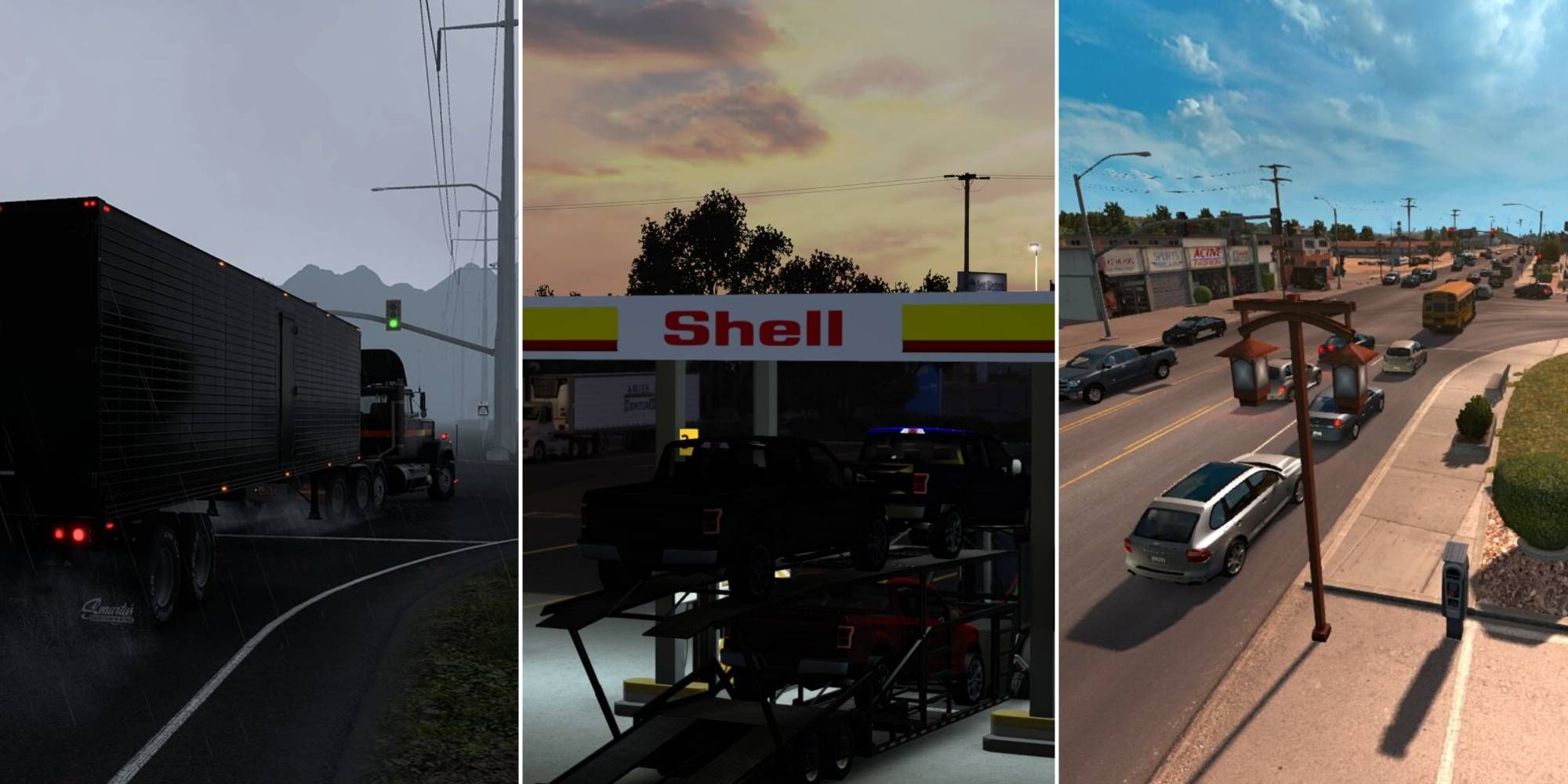 A truck drives in realistic rain, a Shell gas station hosts several cars, and realistic traffic hits the road in various mods for American Truck Simulator.