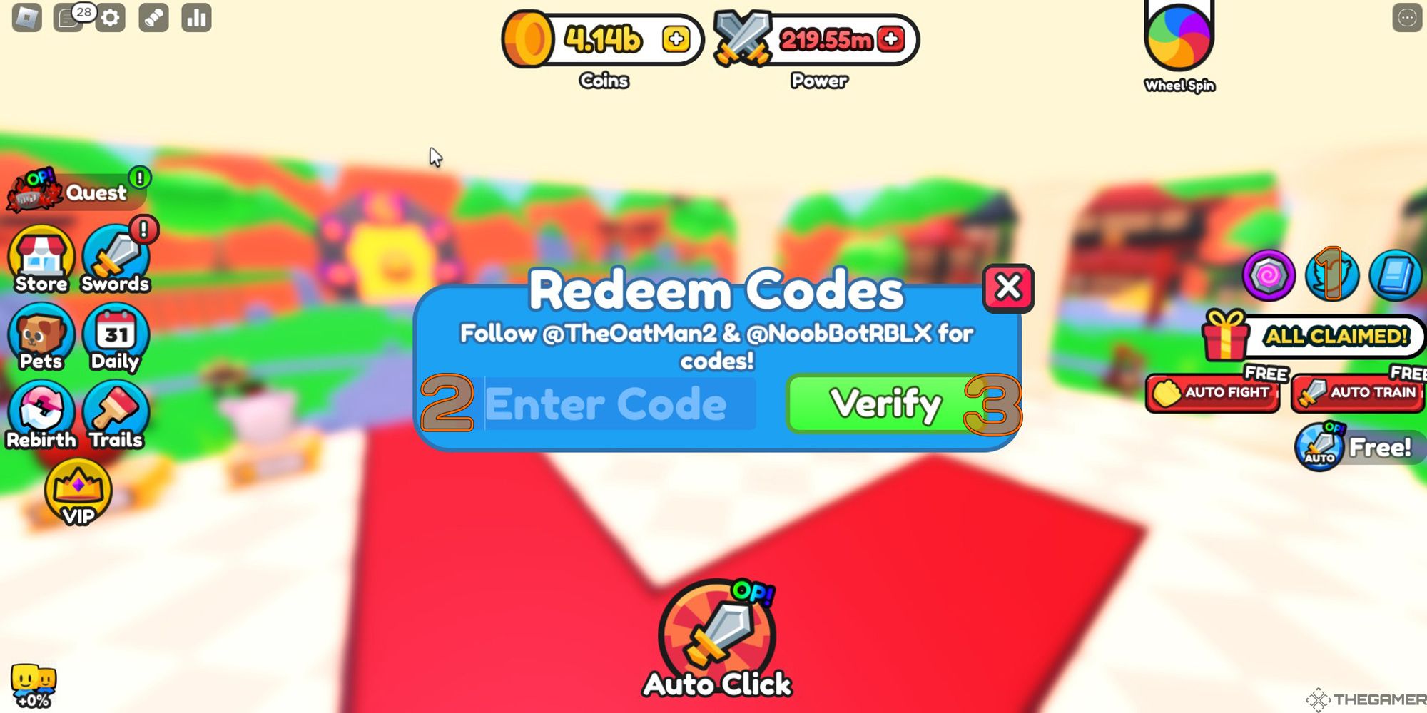 A step-by-step diagram for redeeming promo codes in the Roblox game Sword Clickers Simulator.