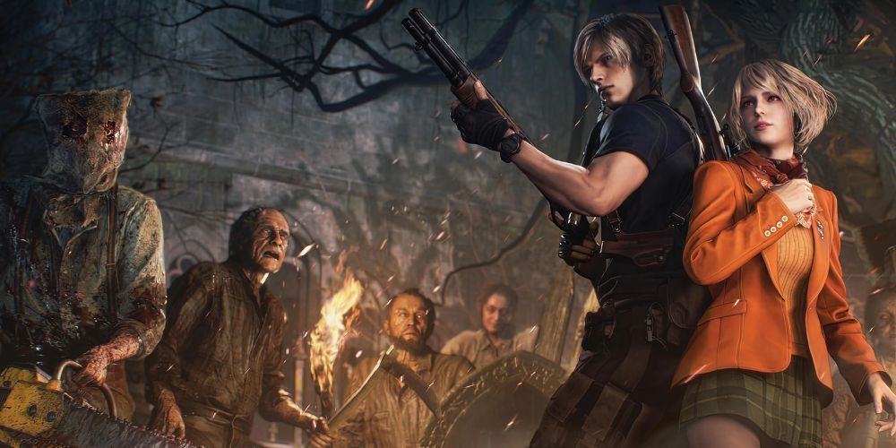 Resident Evil 4 Remake Leon protecting Ashley against enemies