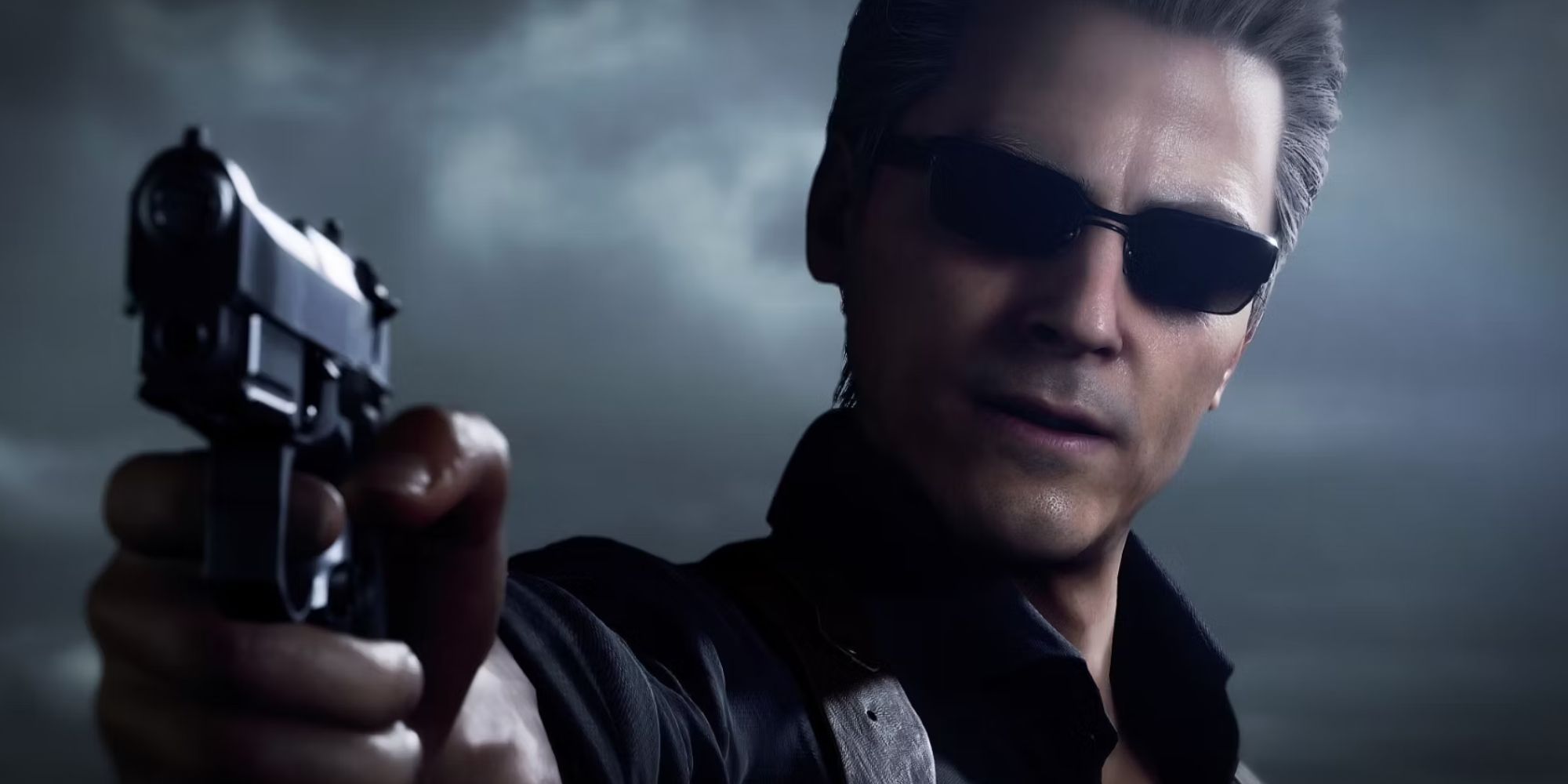 Albert Wesker pointing a gun at an off-screen character in the Separate Ways DLC.