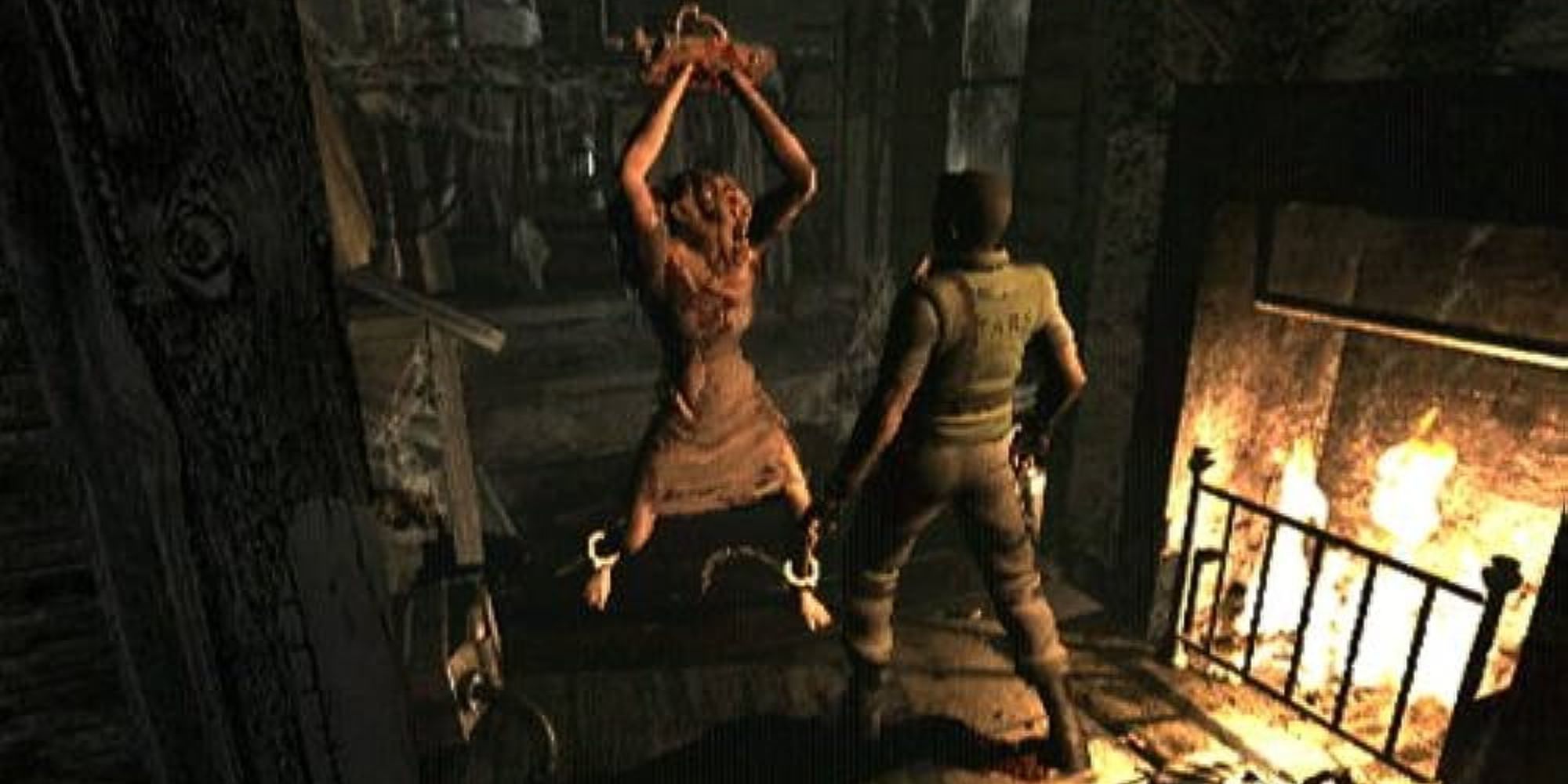 Chris faces Lisa Trevor by a lit fireplace in resident evil