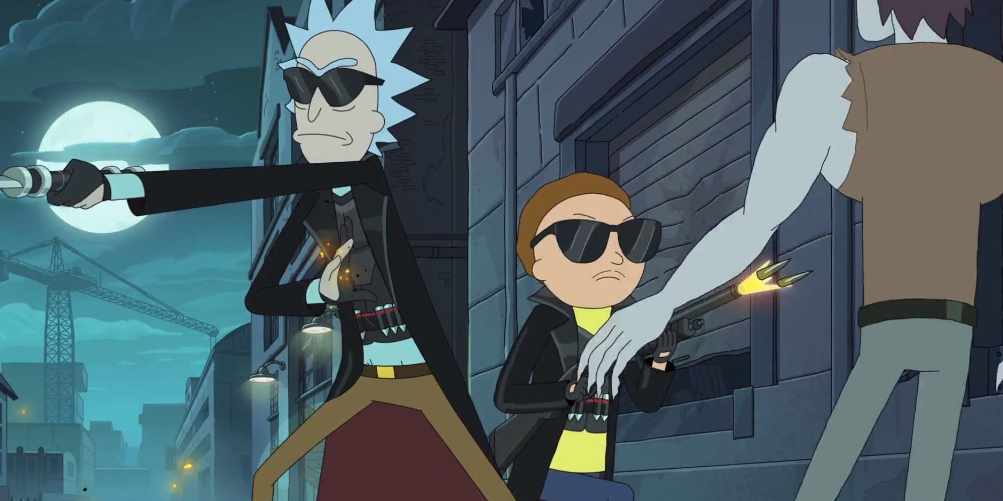 Cartoon characters Rick and Morty are dressed in black leather coats and black sunglasses. Rick wields a sword and Morty has a gun. 