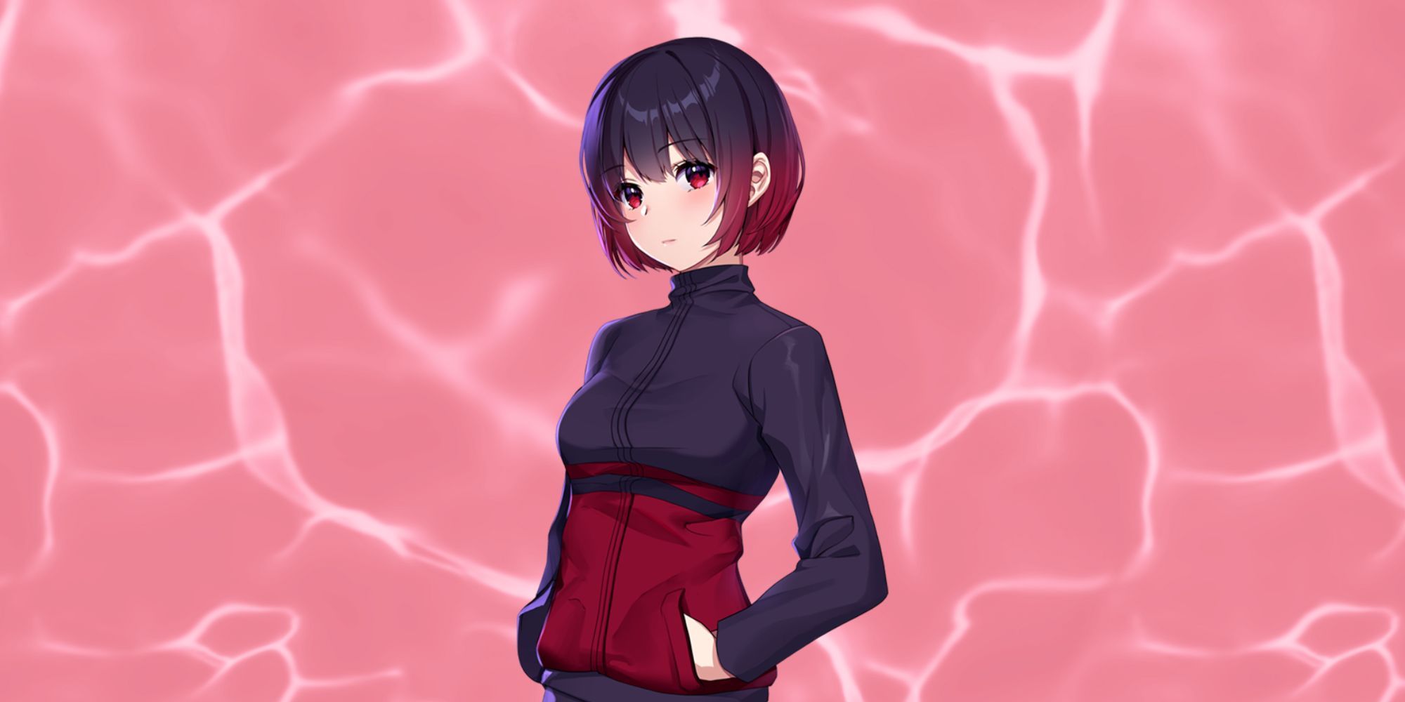 Min posing with a red background in Eternights.