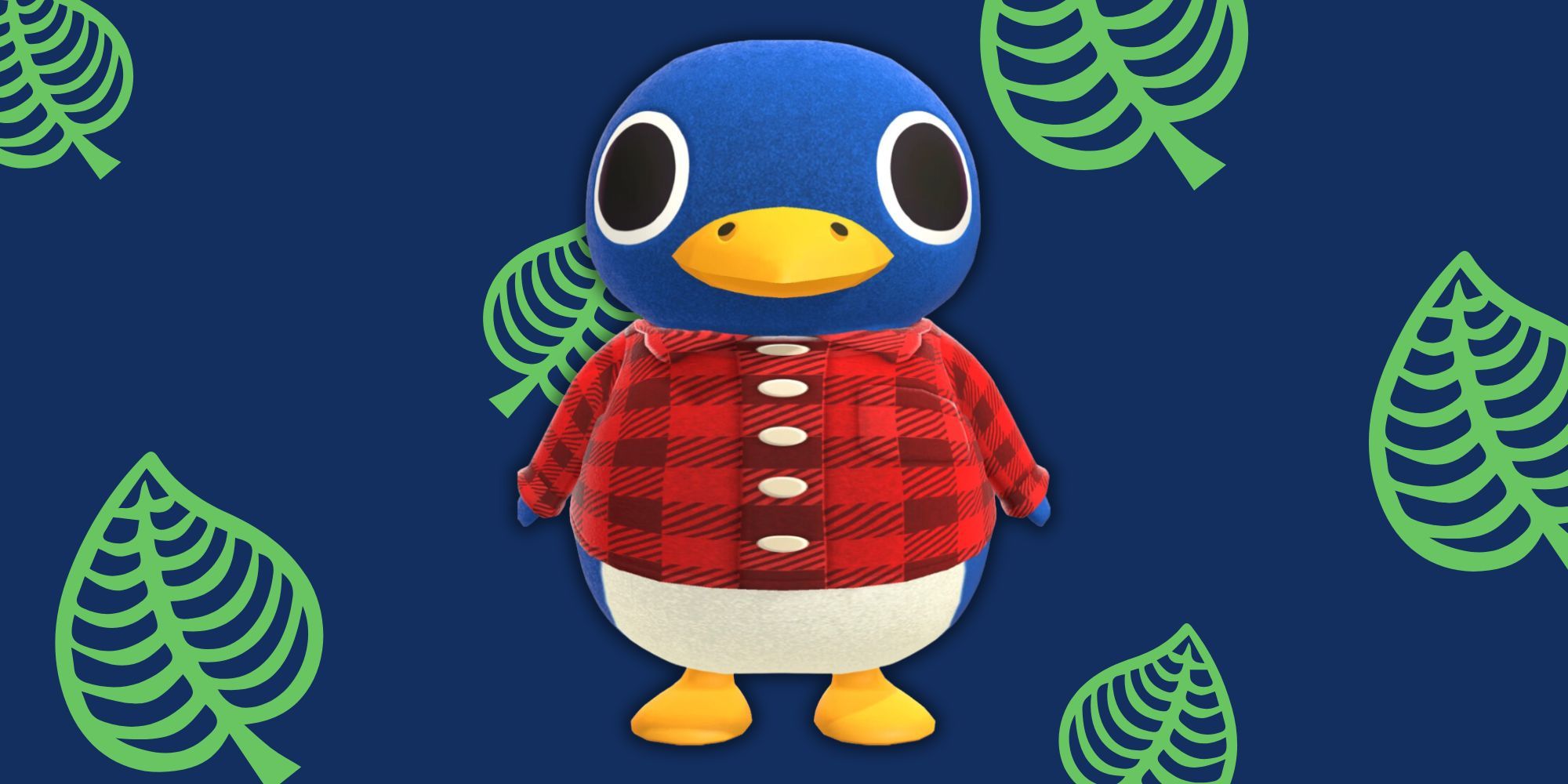 Roald from Animal Crossing in front of leaf-patterned backdrop