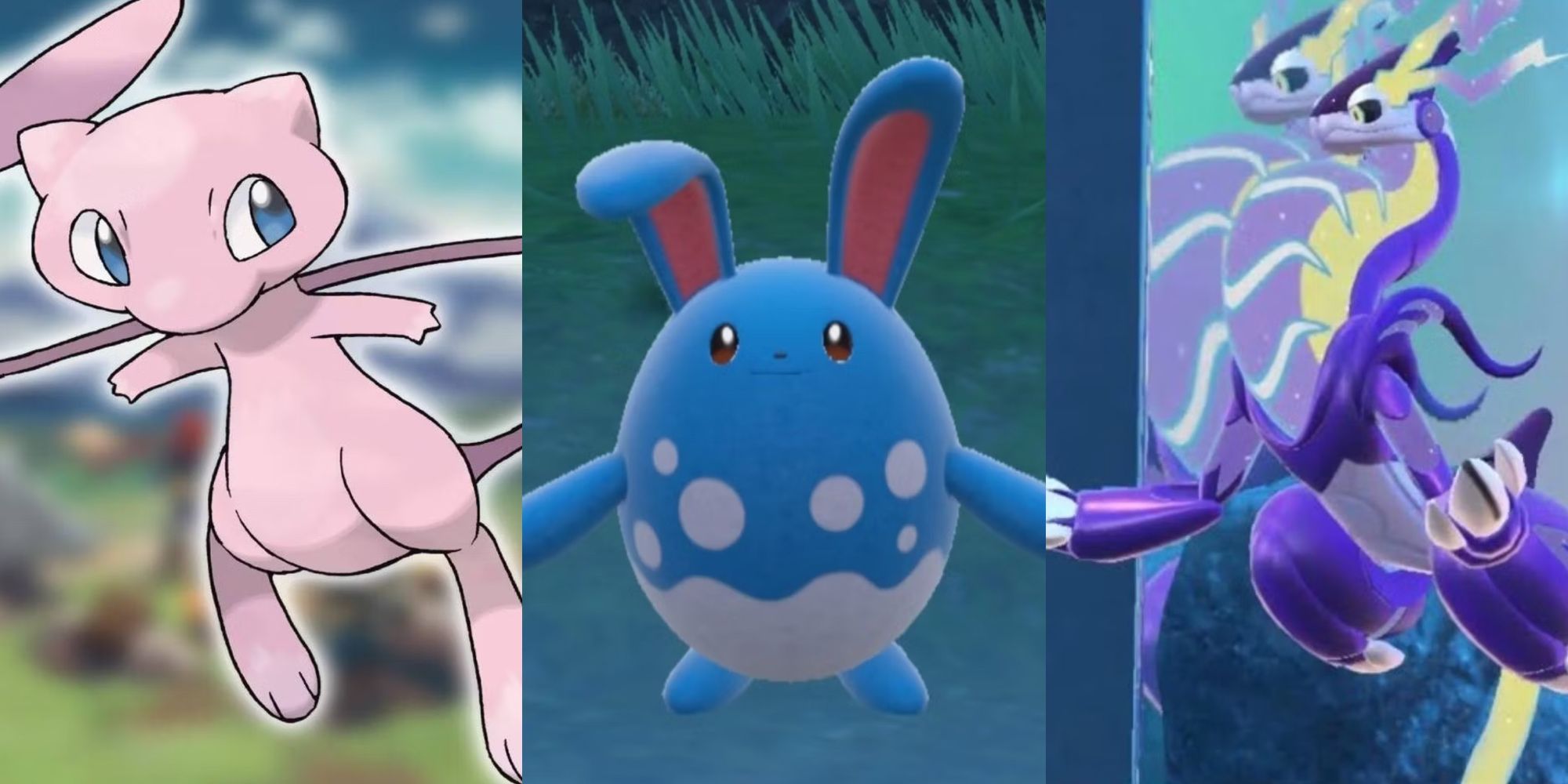 A split image of Mew, Azumarill, and Miraidon ready to battle in Pokemon Scarlet & Violet.