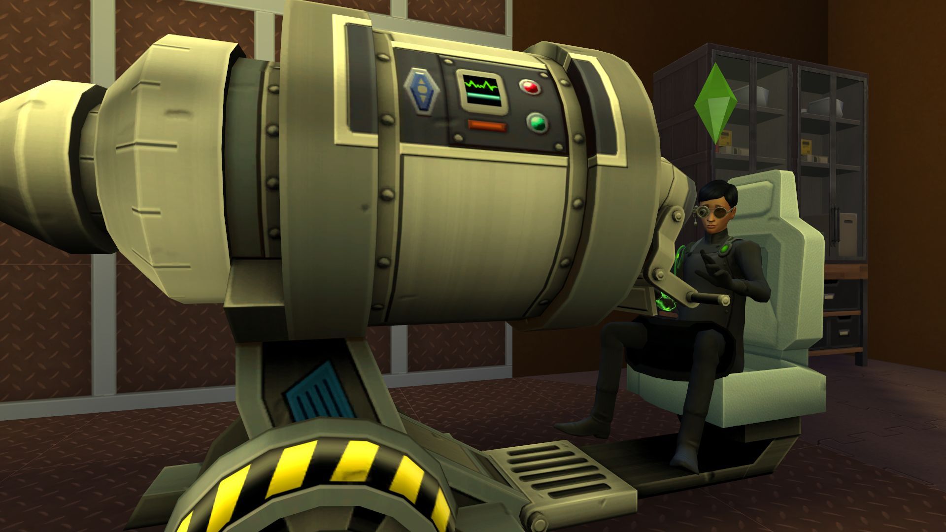 A Sims 4 Sim using the giant microscope while wearing the top-of-career science outfit.