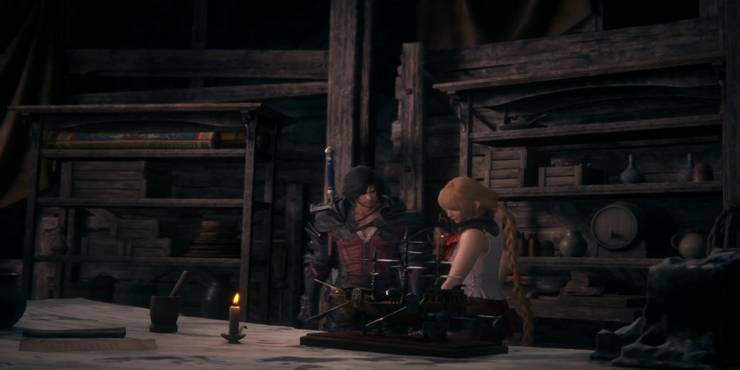 Clive and Mid talking about Airships in the Hideaway in Final Fantasy 16