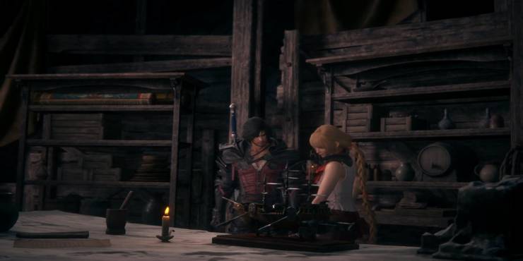 Clive and Mid talking about Airships in the Hideaway in Final Fantasy 16
