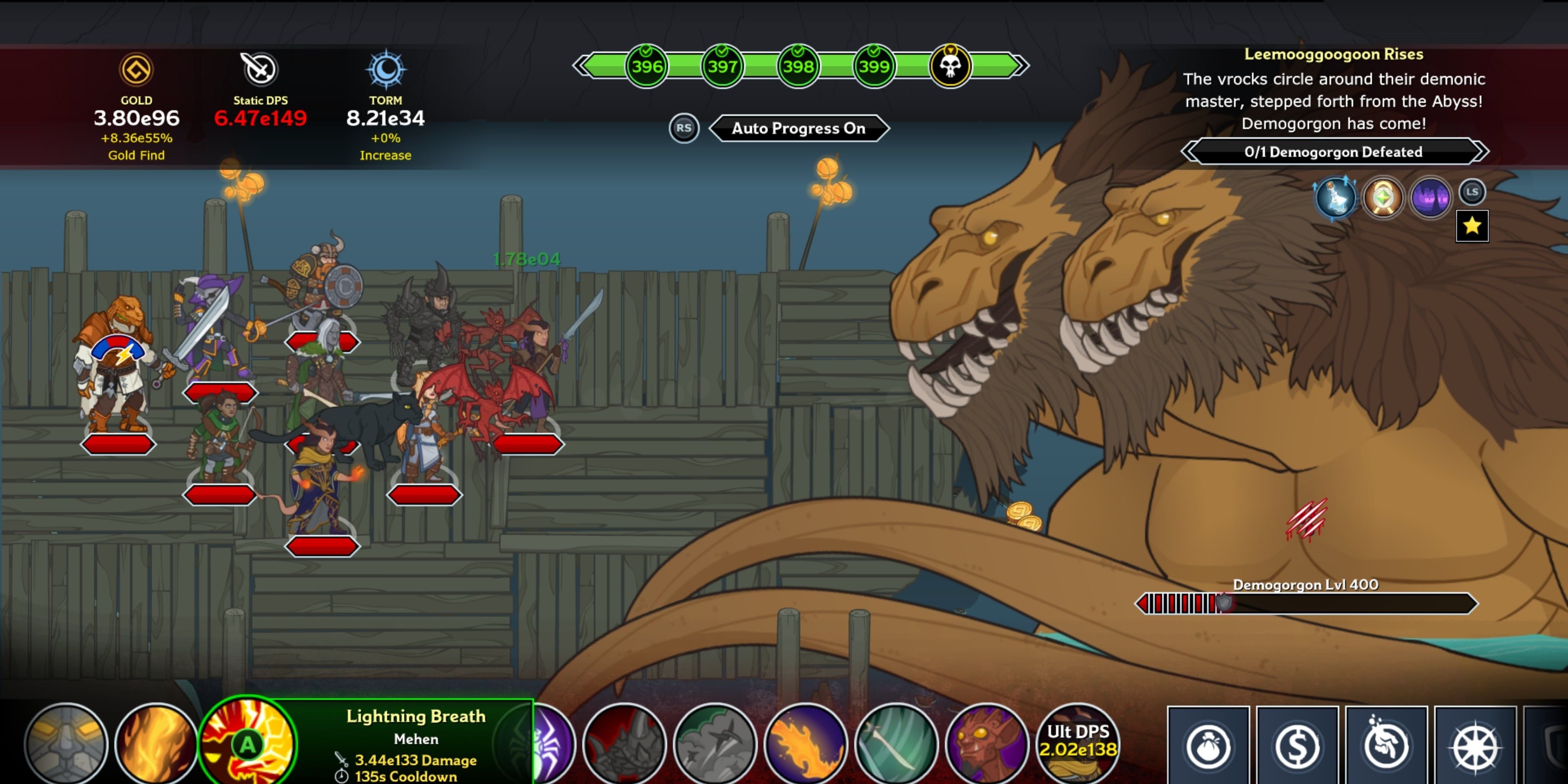 in game screenshot of idle champions of the forgotten realms of a group of heroes fighting a demogorgon